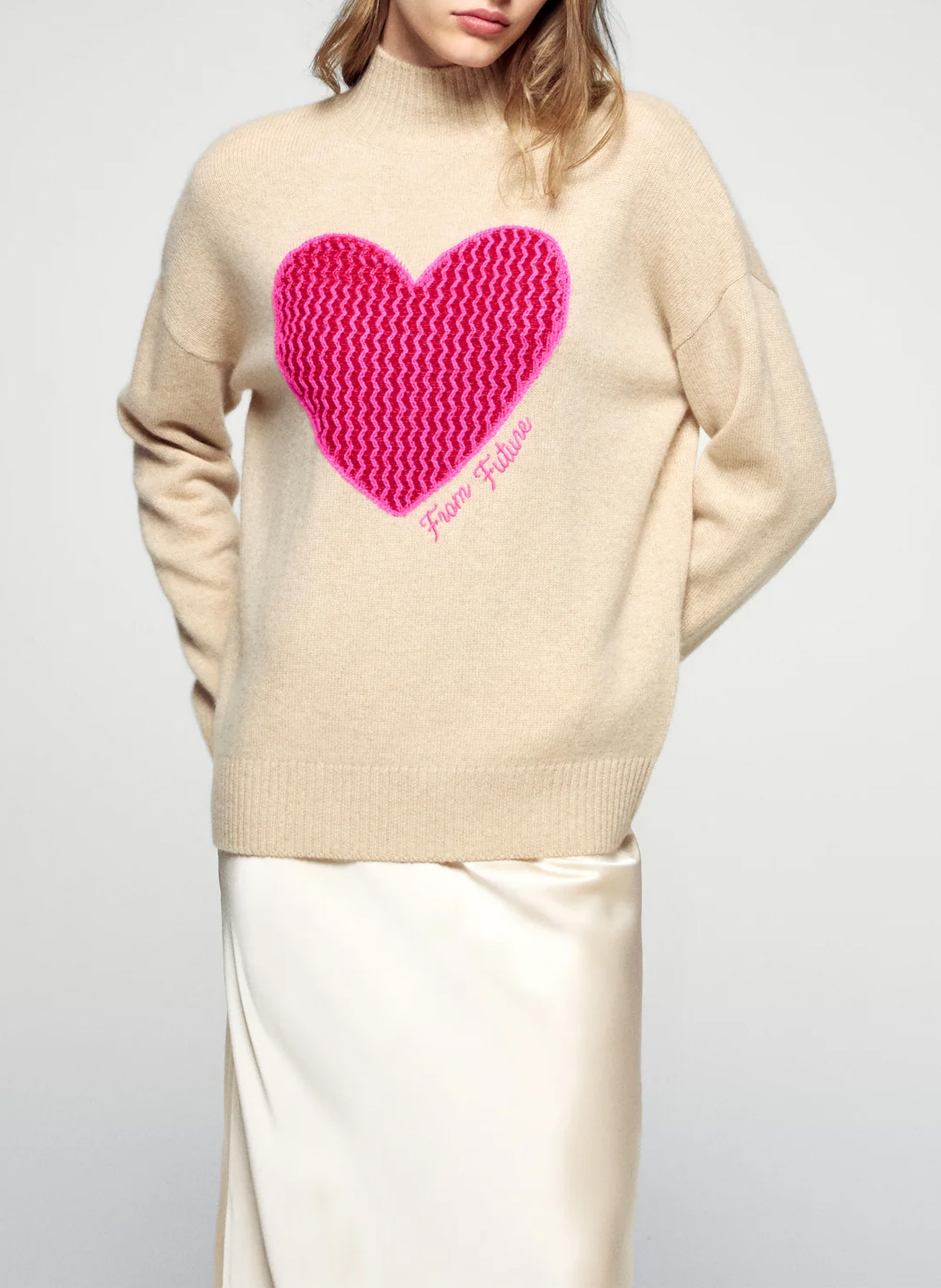 Oversized turtleneck cashmere sweater with embroidery FROM FUTURE Beige