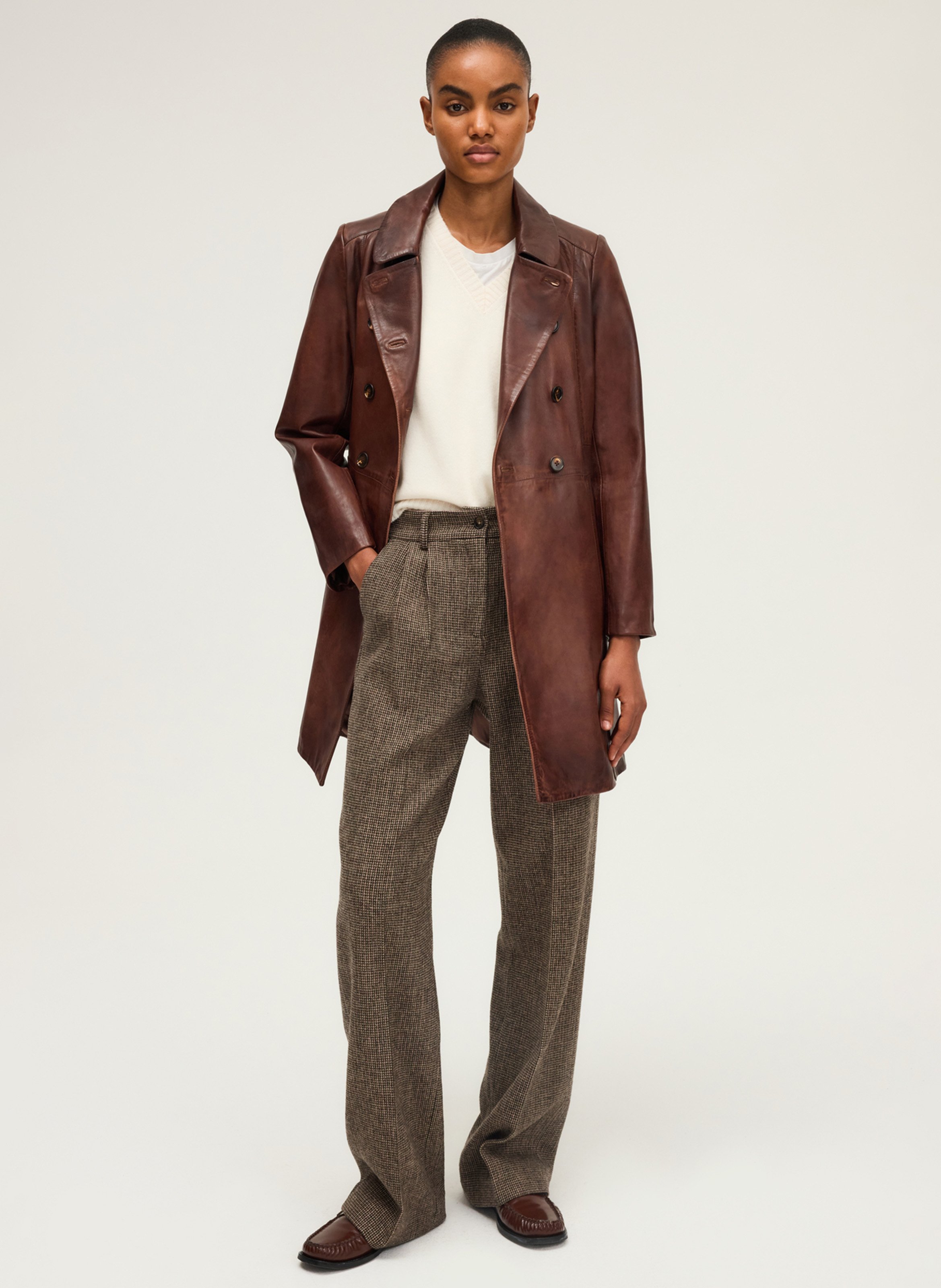 Mid-length aged leather coat PABLO Brown