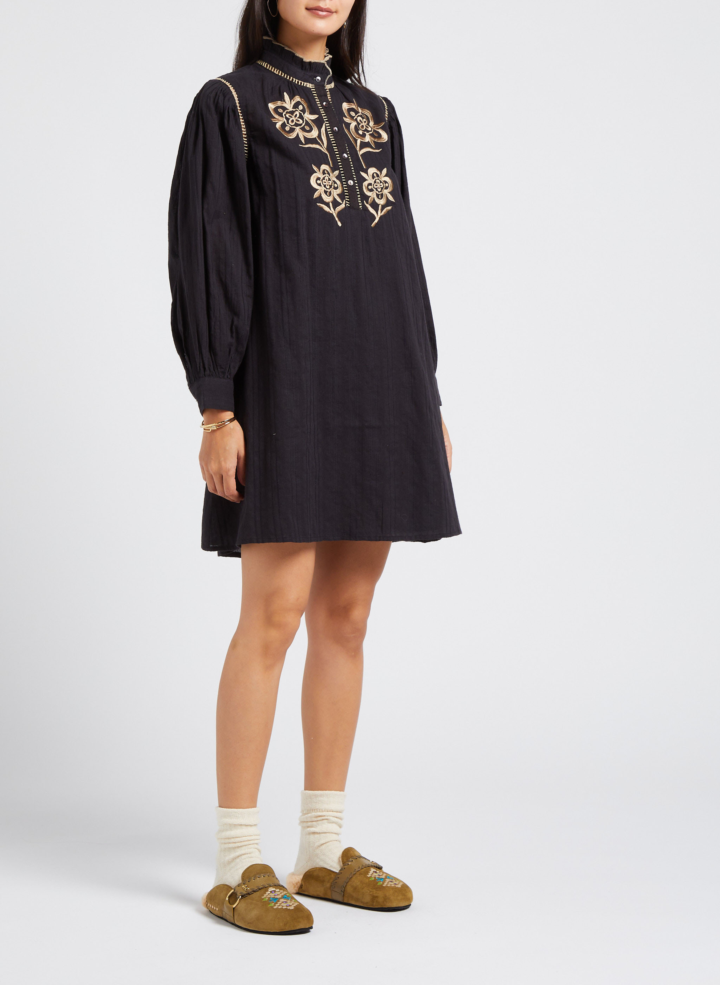 Ausgestelltes Kurzkleid mit Stehkragen aus Baumwolle ANTIK BATIK Schwarz