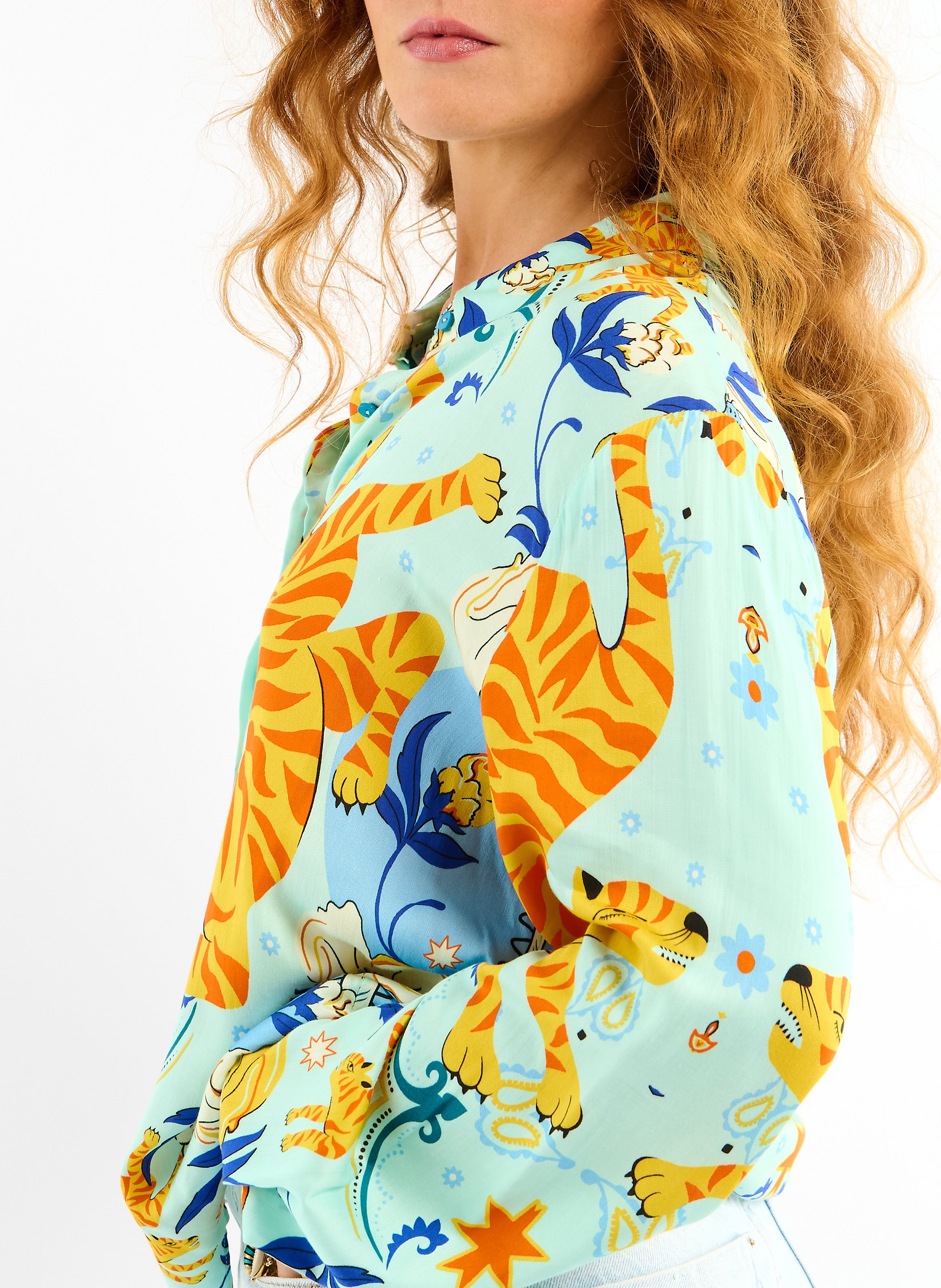 Chemise droite col classique imprimé tigre WILD Bleu