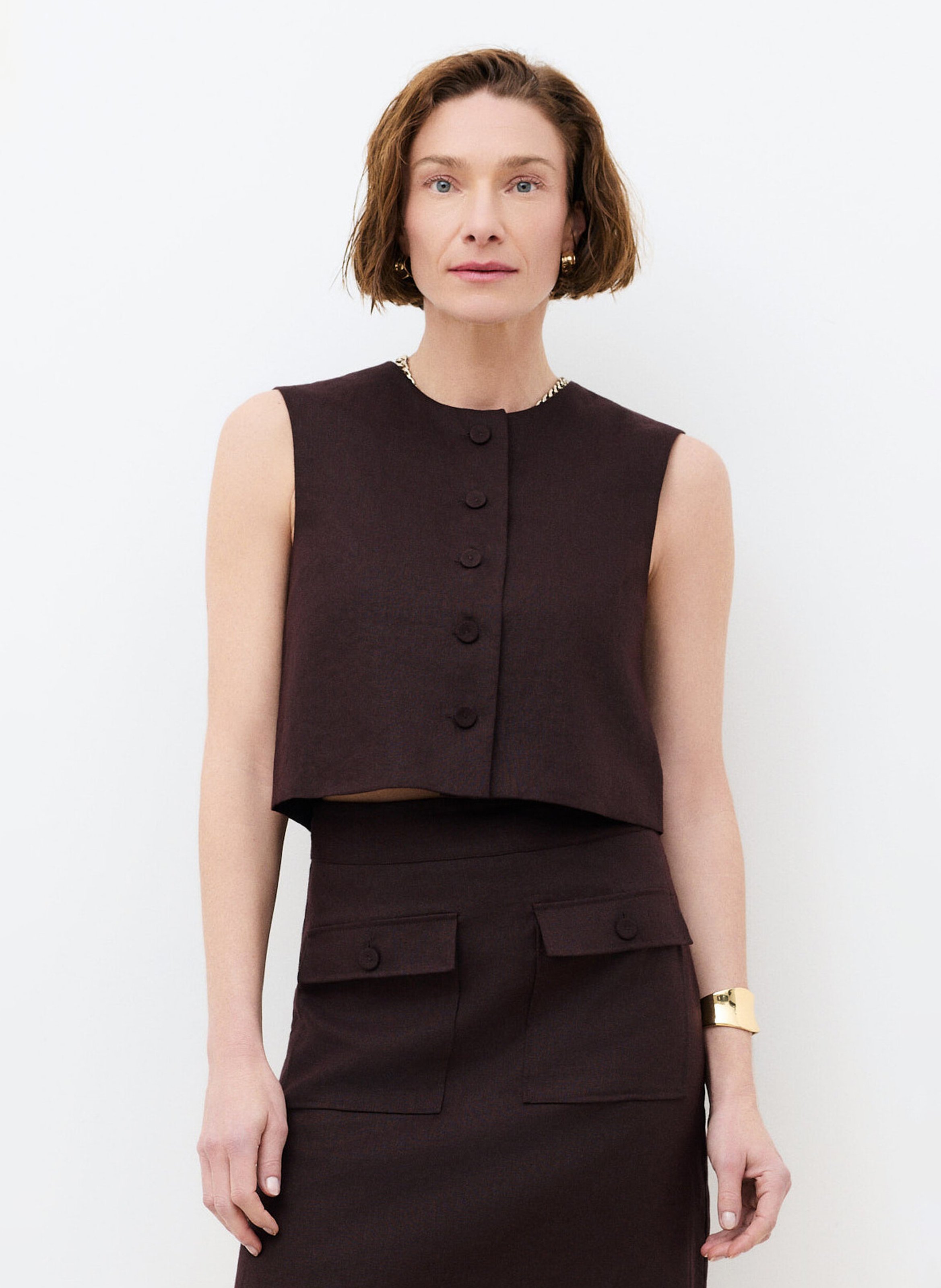 Top col rond en lin CAROLL Marron