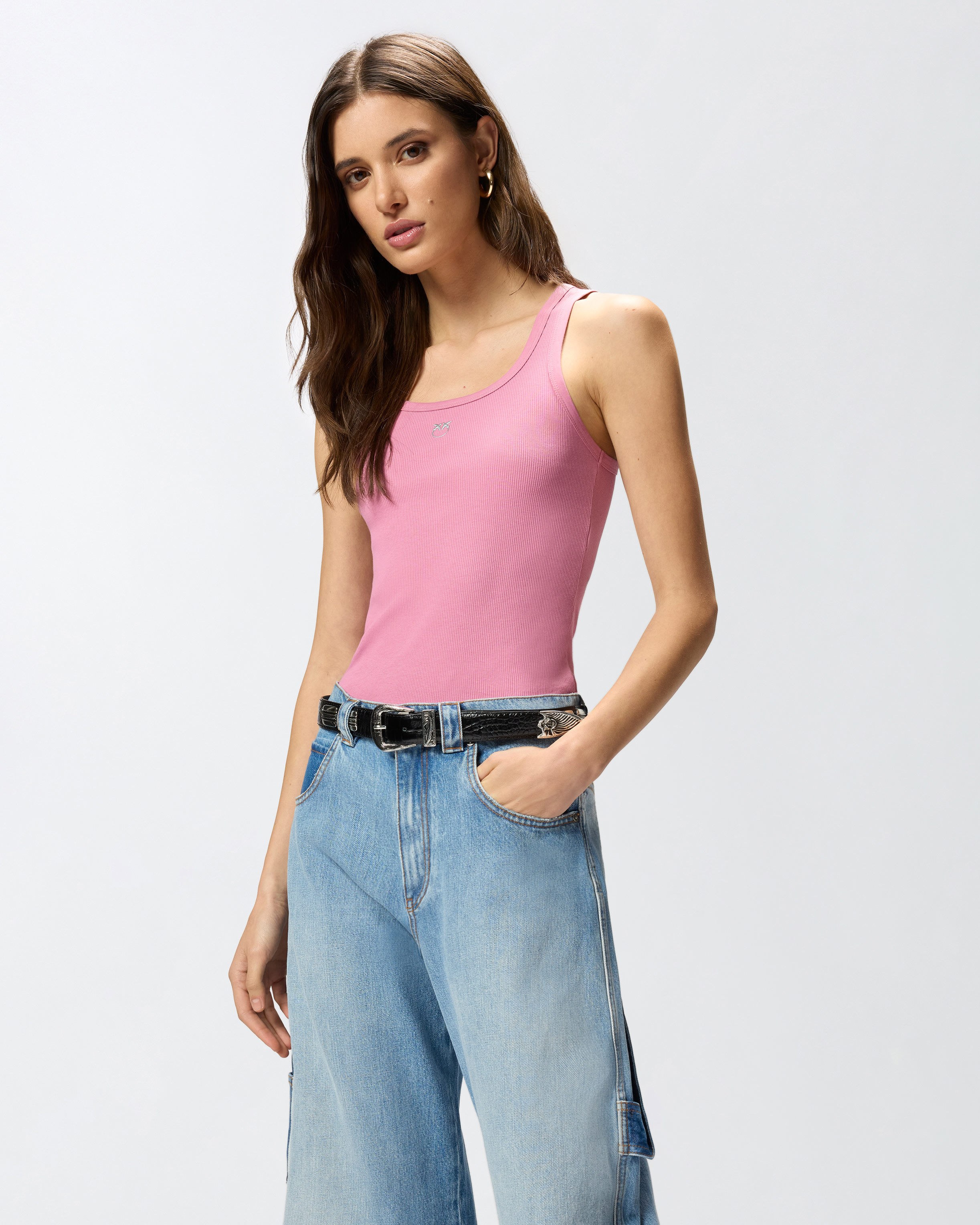 Tank top with golden love birds appliqué PINKO Pink