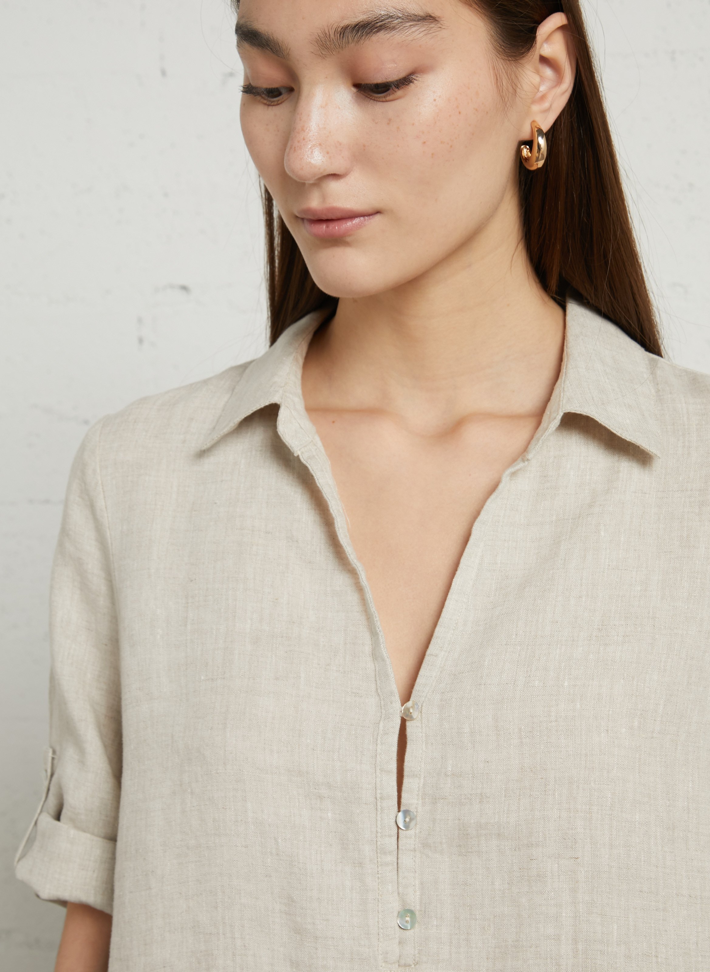 V-neck linen midi dress SUD EXPRESS Beige