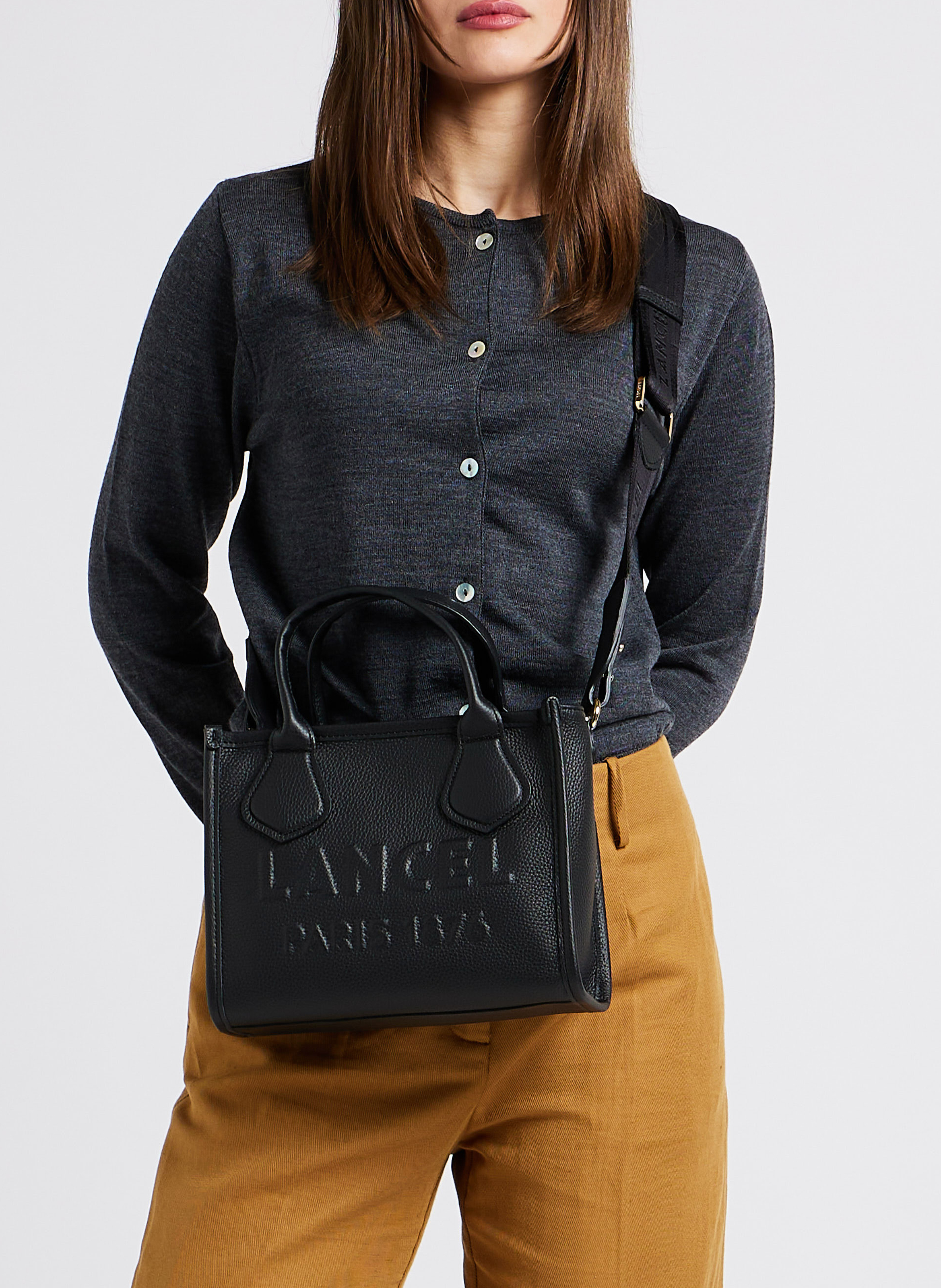 Embossed logo grained leather handbag LANCEL Black