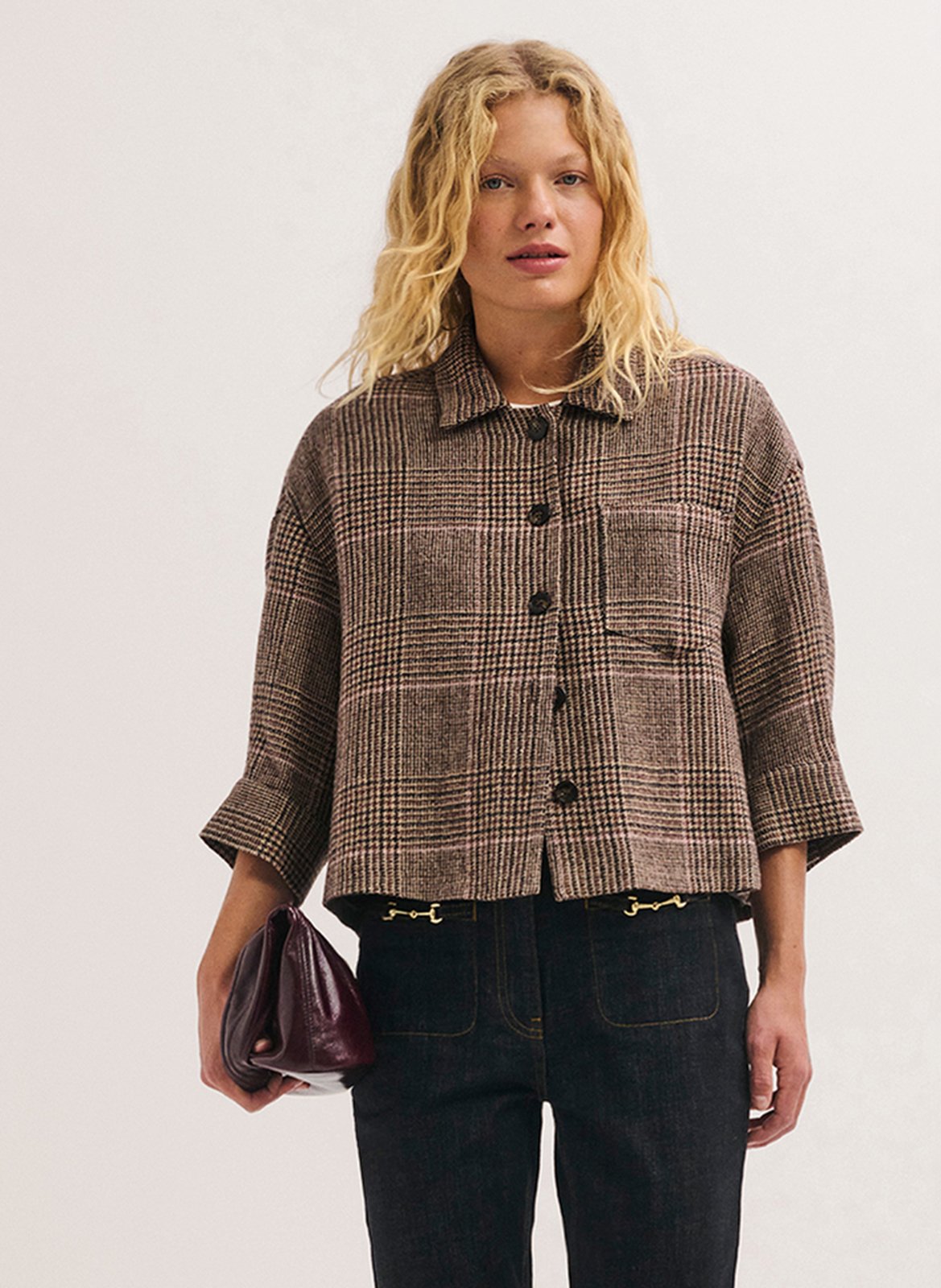 Loose fit 3/4 sleeve plaid shirt PABLO Brown