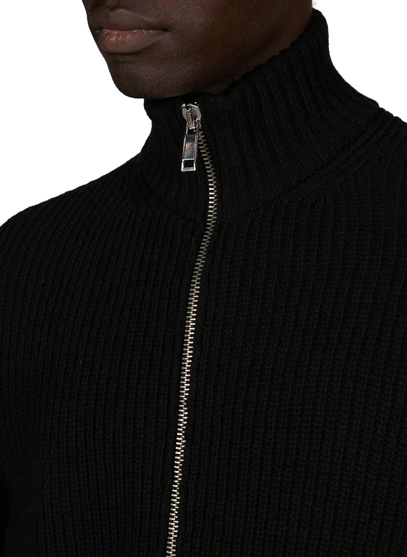 Wool blend high-neck gefil knit cardigan. AU PRINTEMPS PARIS Black