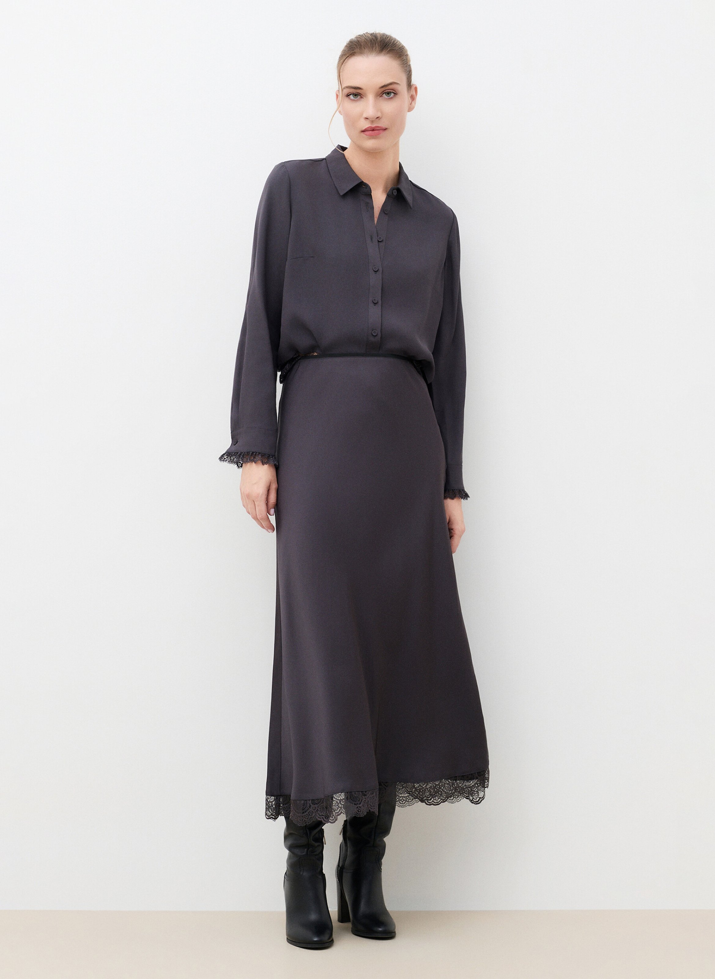 Solid long skirt with lace detail CAROLL Grey