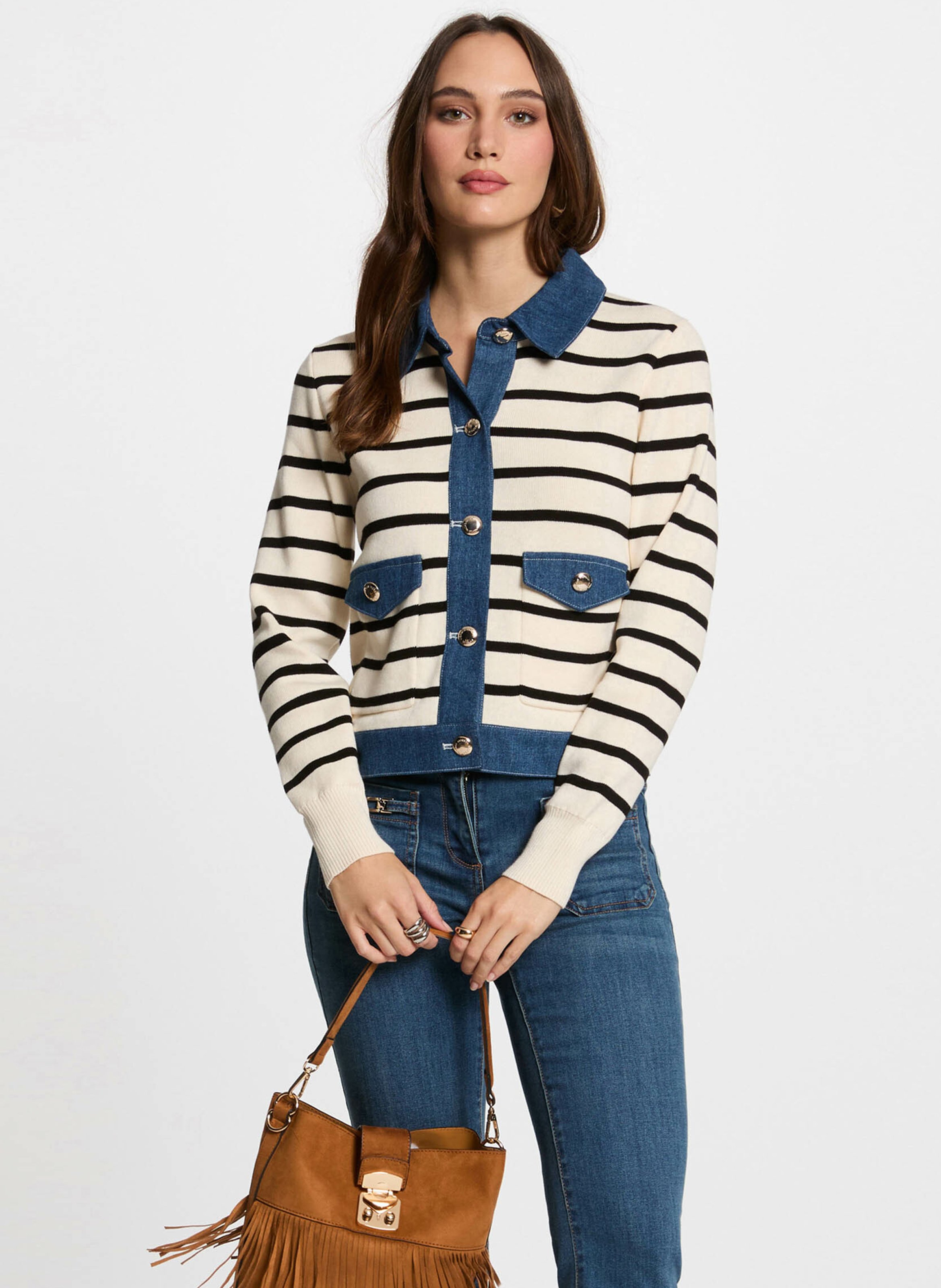 Striped fine knit cardigan MORGAN Beige