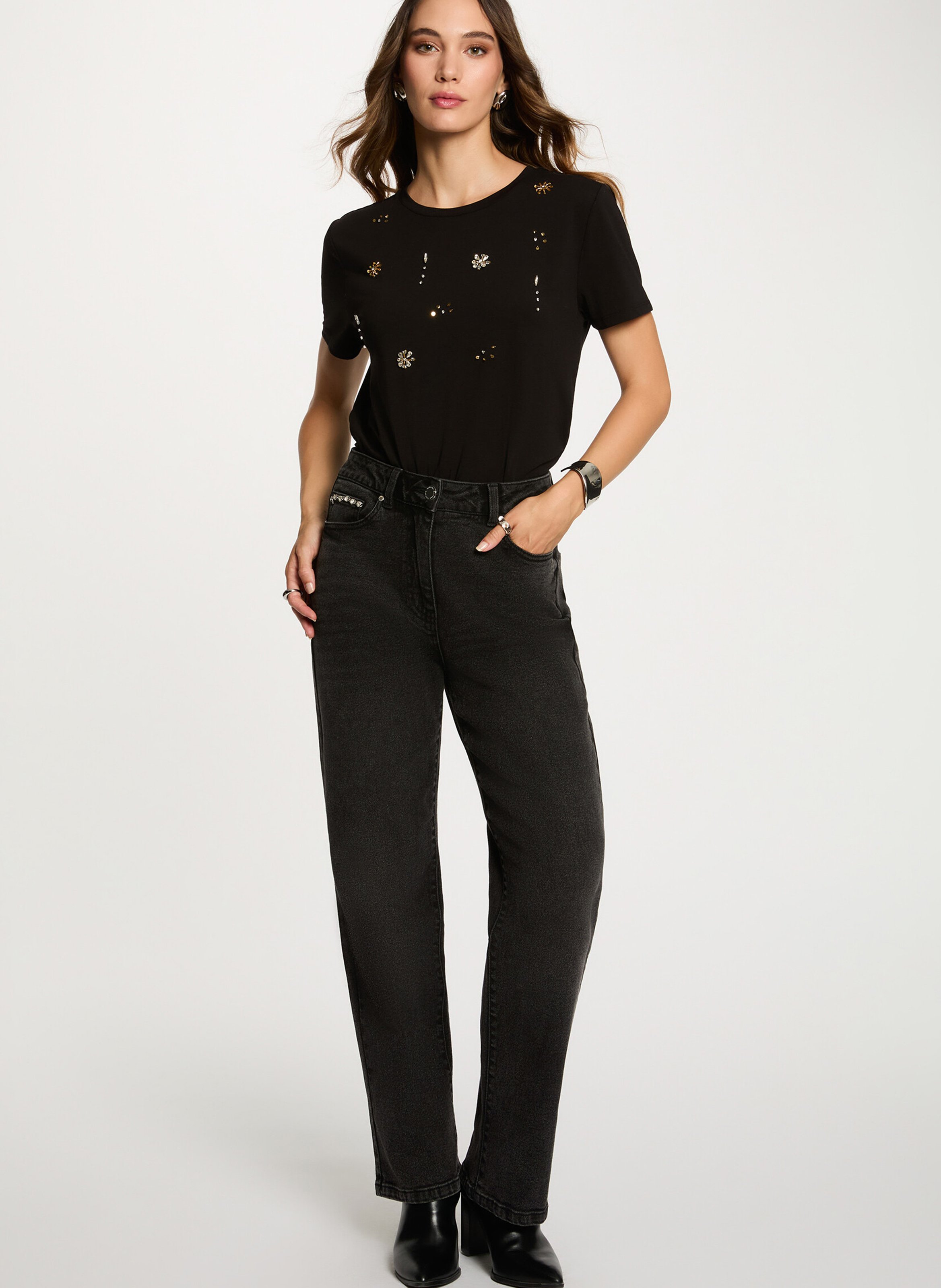 Tee-shirt col rond en coton mélangé MORGAN Noir