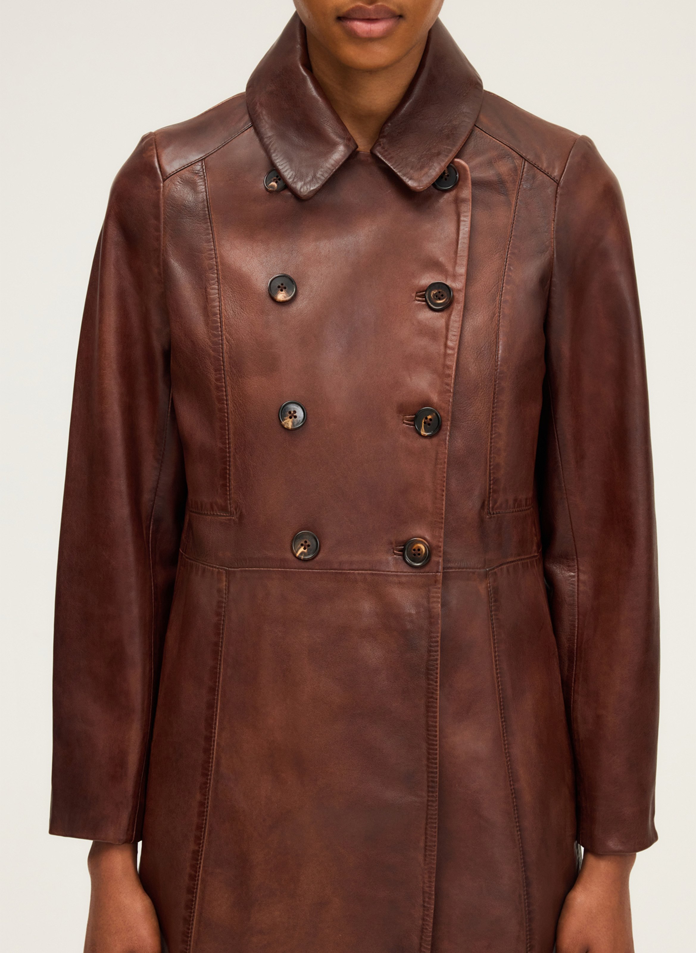 Mid-length aged leather coat PABLO Brown