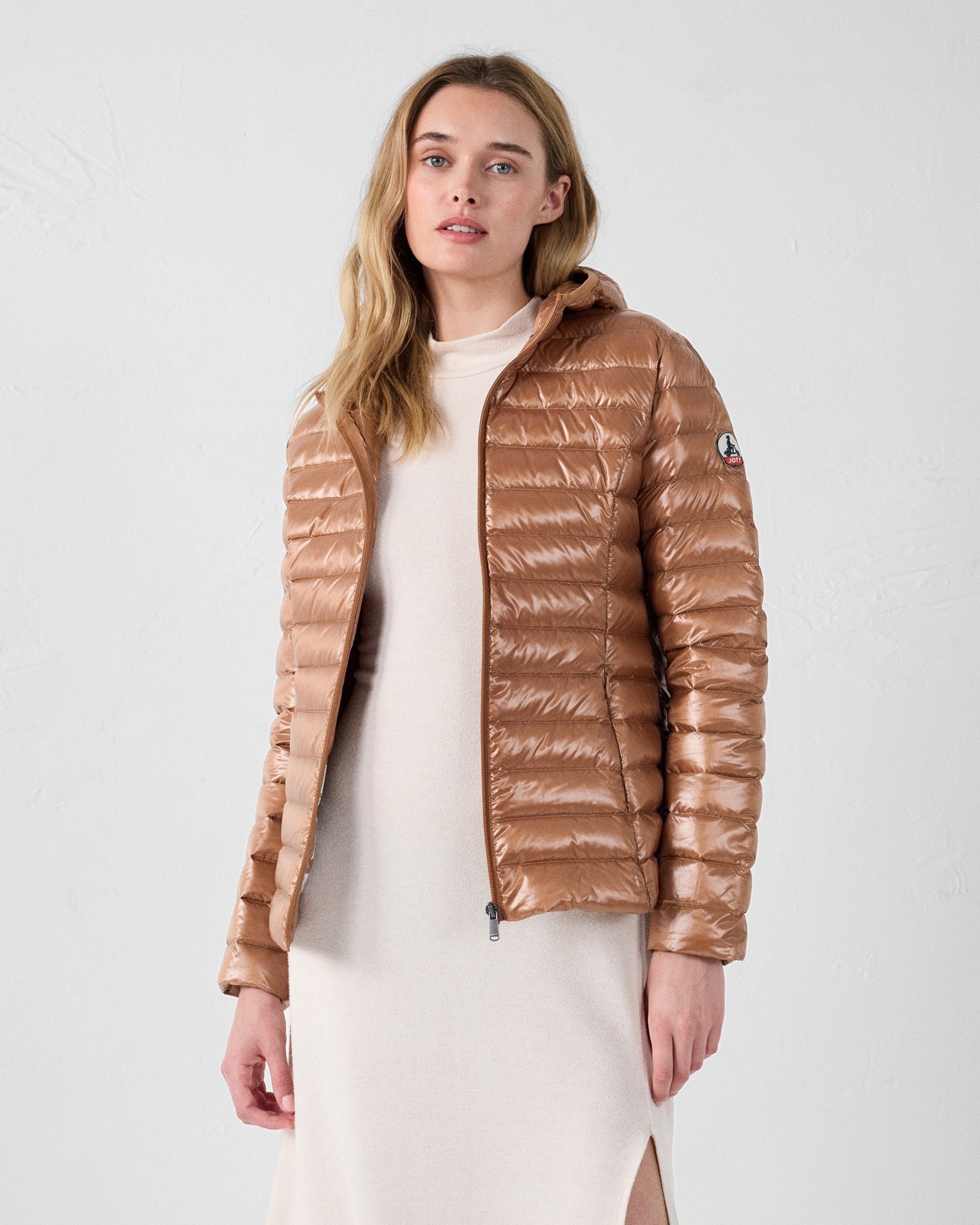 Shiny hooded light down jacket Cloe JOTT Brown