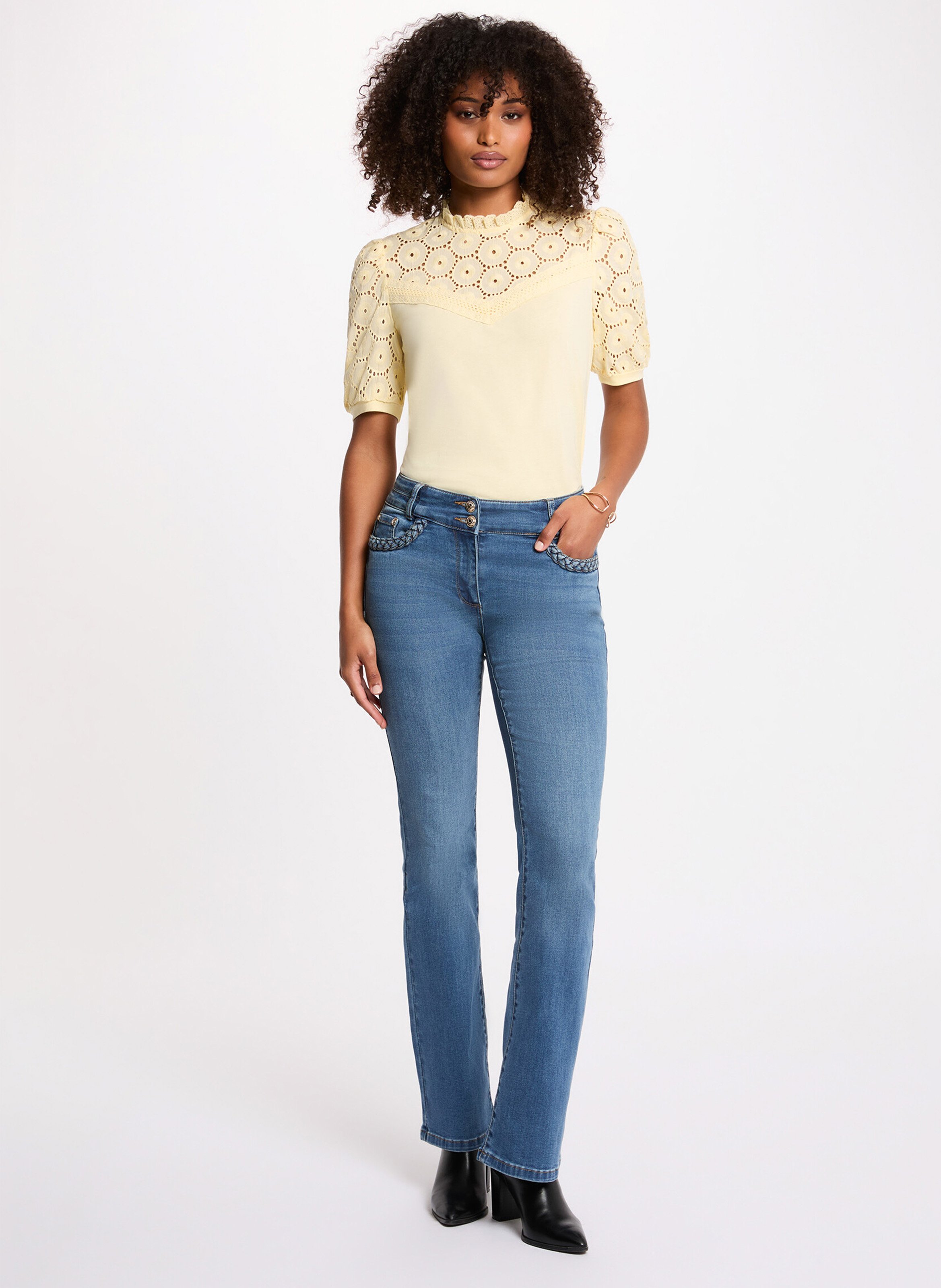 Baumwolltop mit Stehkragen - bestickt Gelb