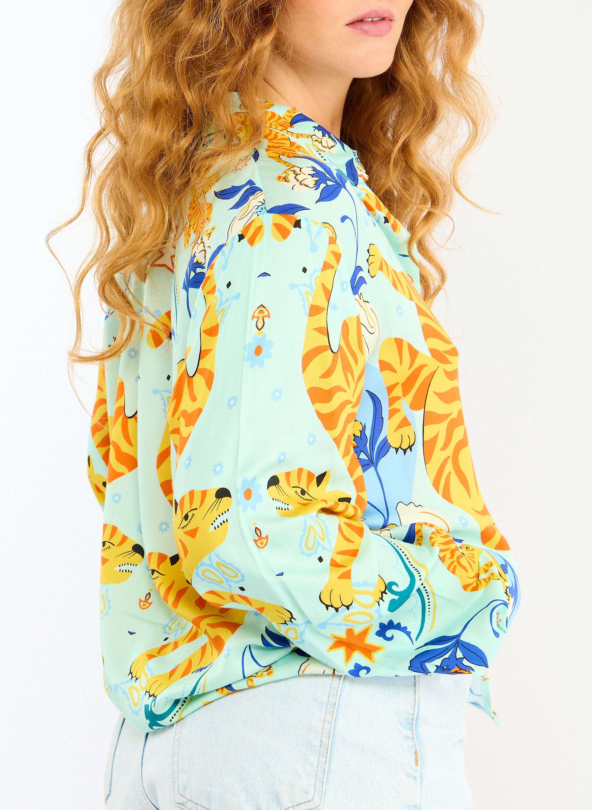 Chemise droite col classique imprimé tigre WILD Bleu