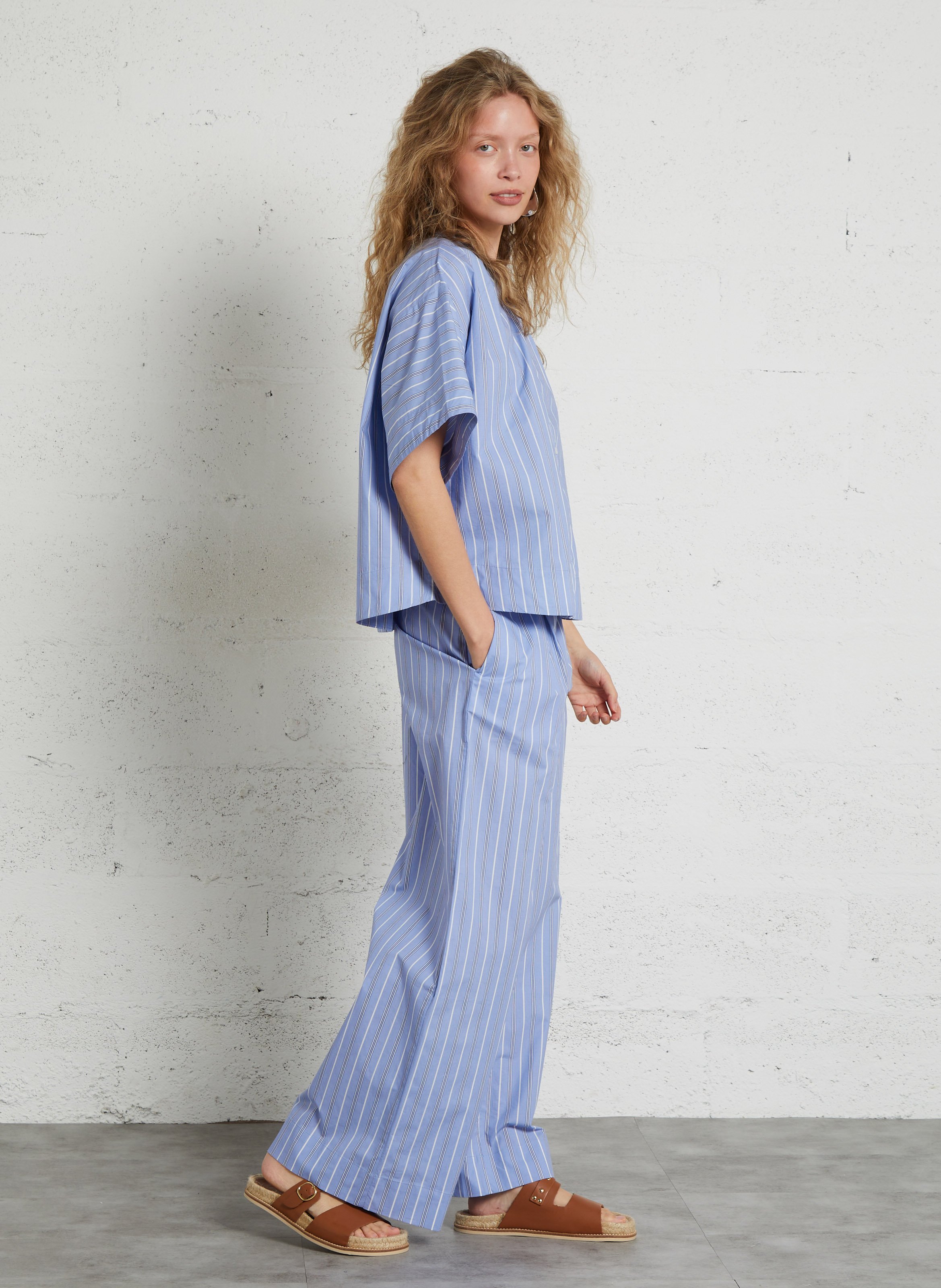 Loose striped cotton Mao collar shirt LOUISE MISHA Blue