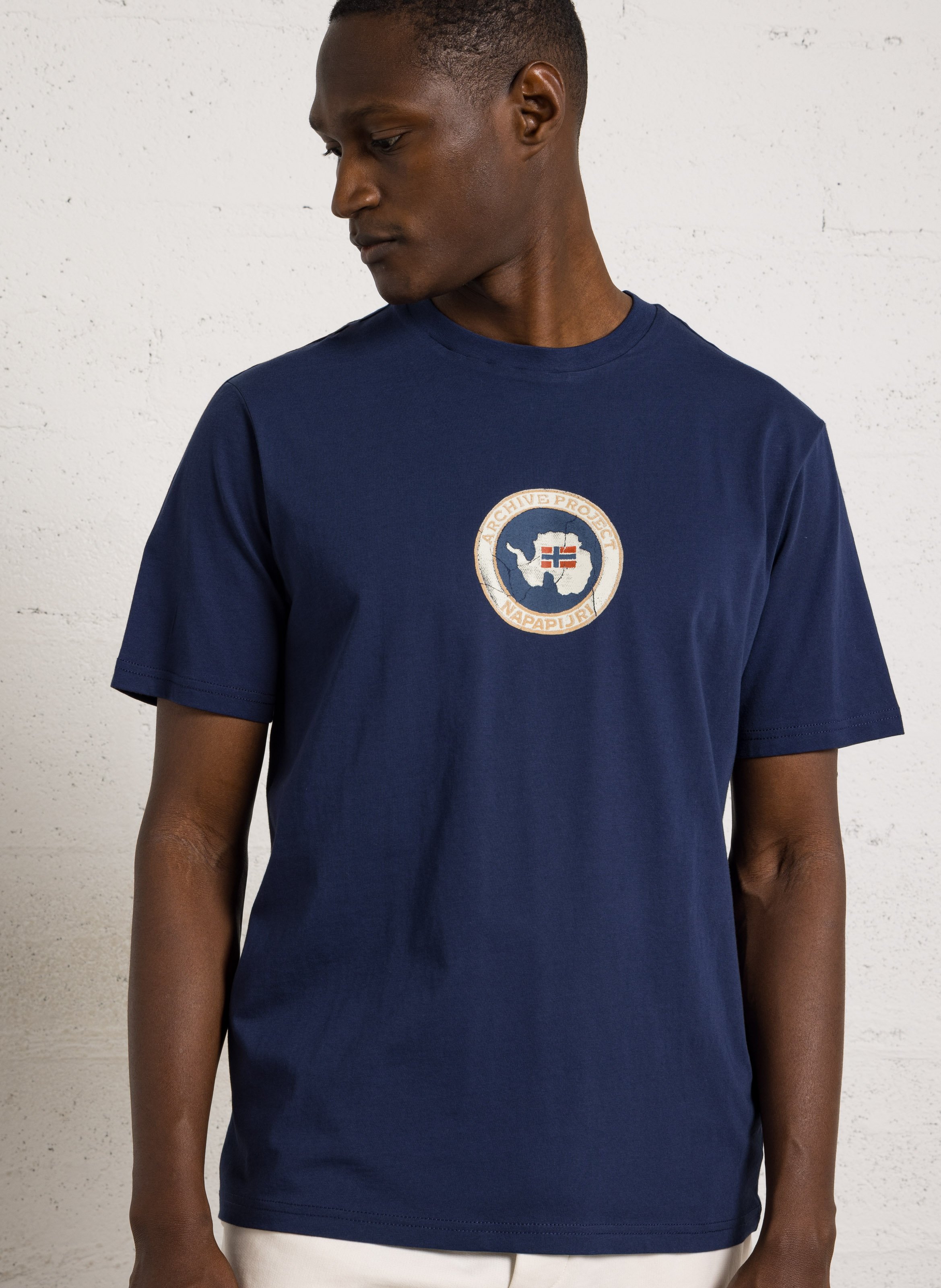 Gerade geschnittenes Rundhals-T-Shirt aus Baumwolle mit Siebdruck NAPAPIJRI Blau