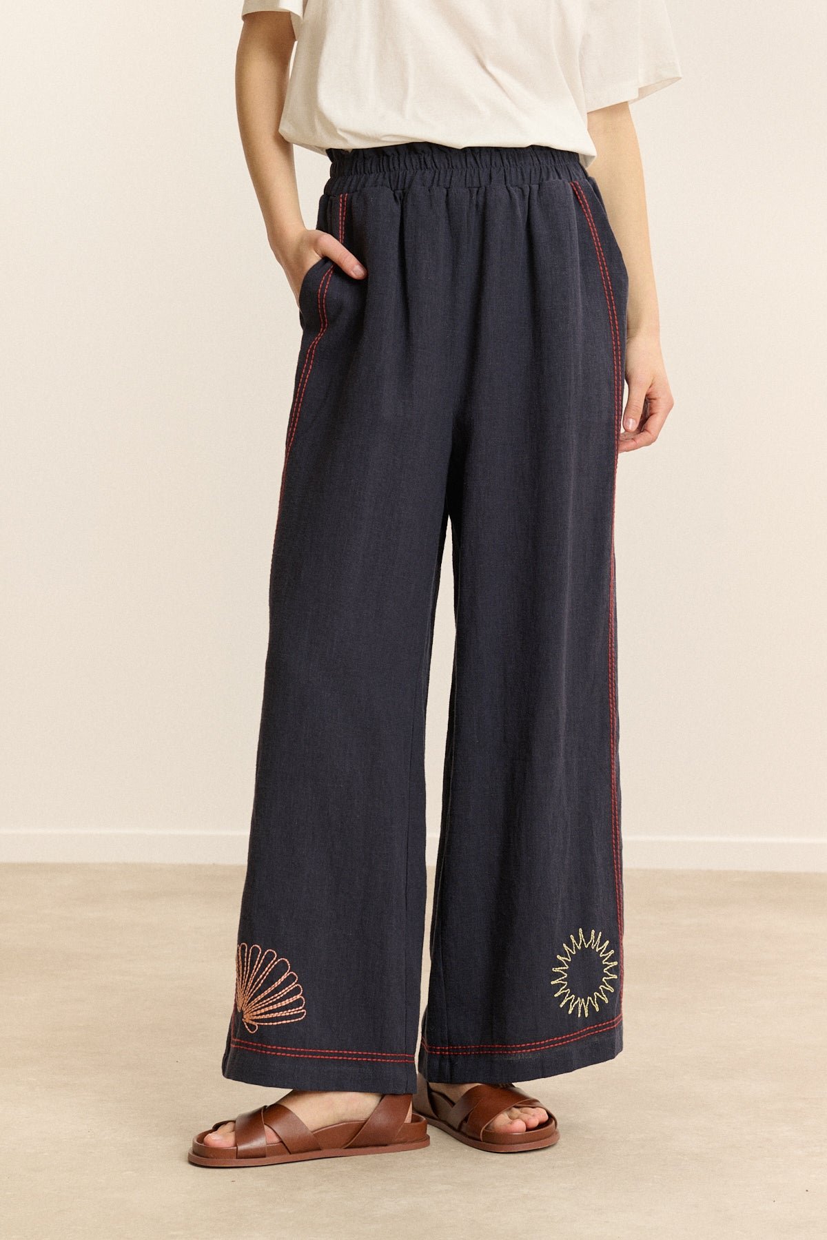 Wide elasticated trousers with embroidery GARANCE PARIS Blue