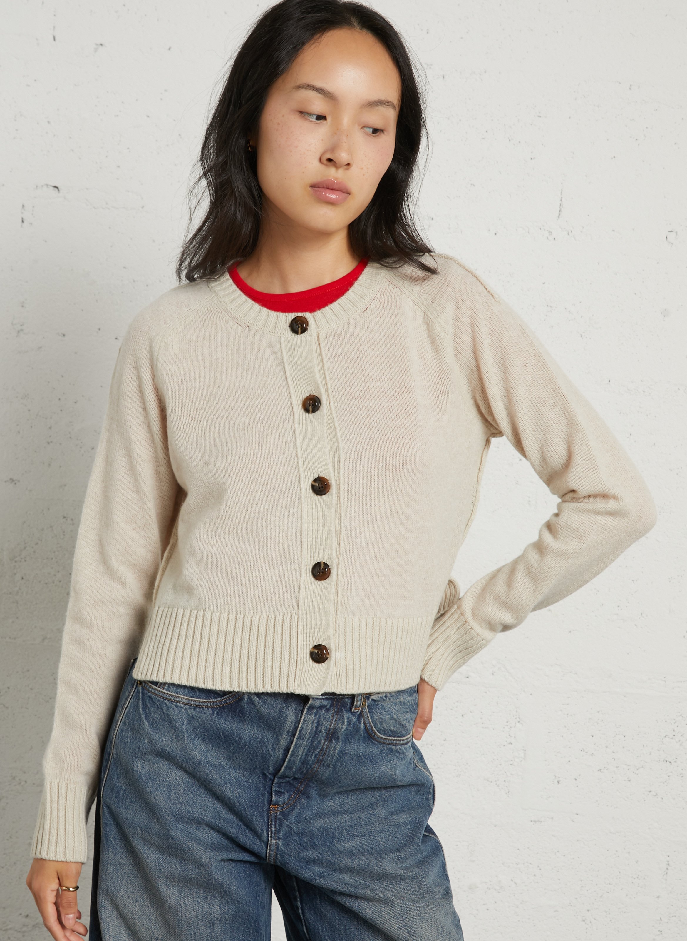 Cardigan col rond droit en laine SOEUR Beige