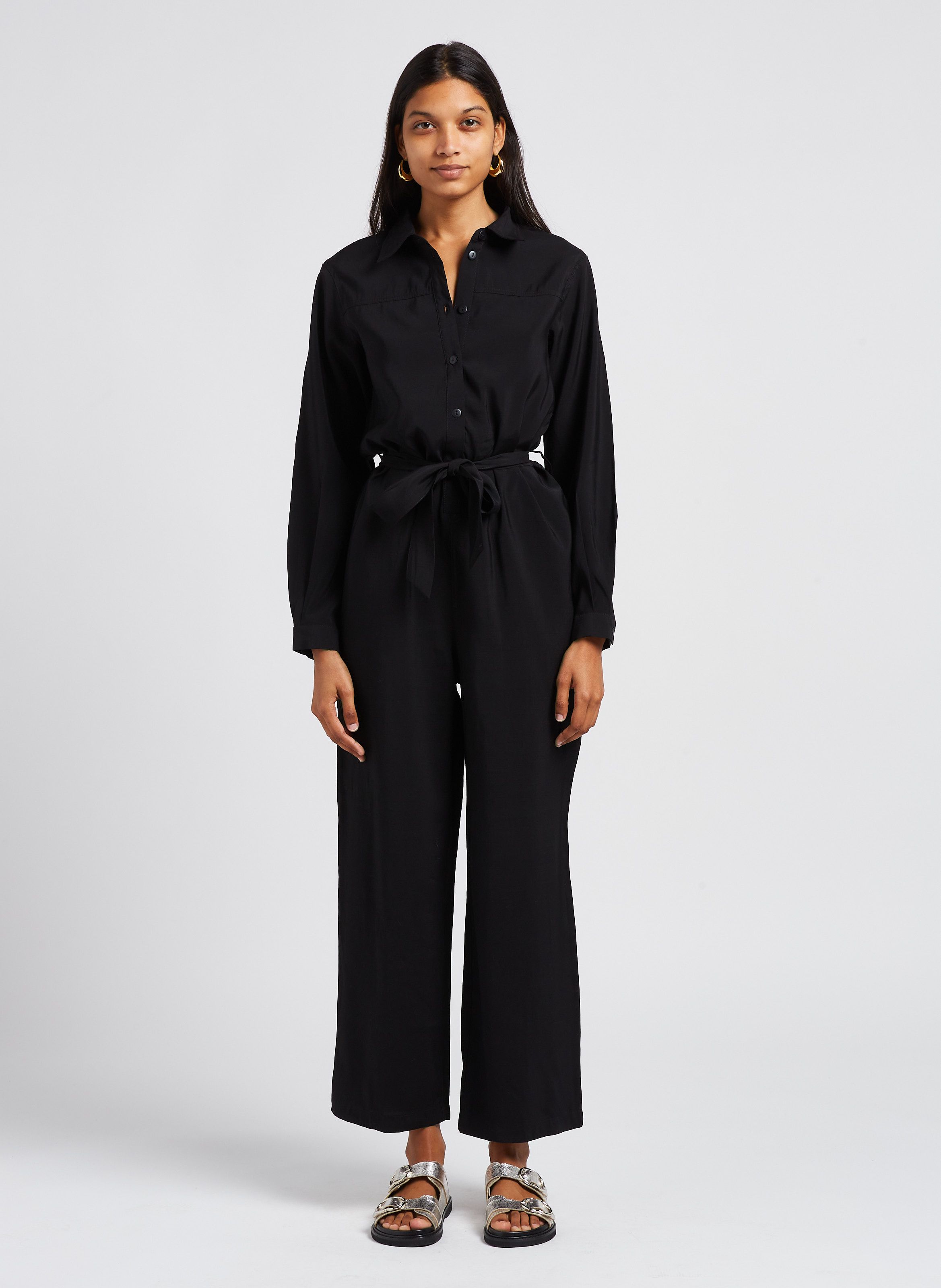 lyocell belted check jumpsuit