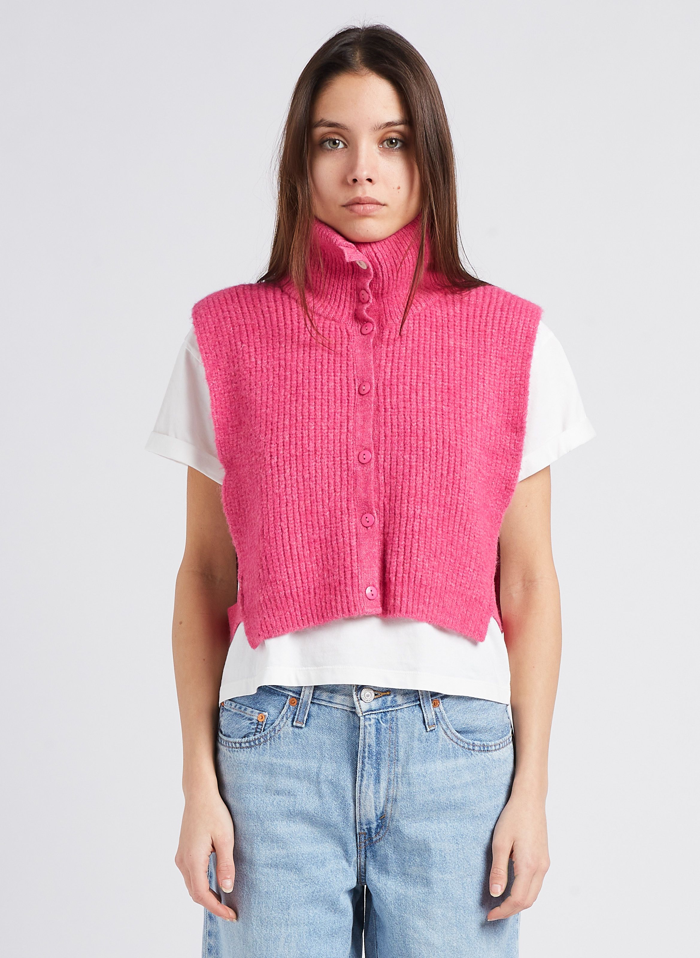 Gilet Court Encolure Montante Angie Rose Fuchsia One Step