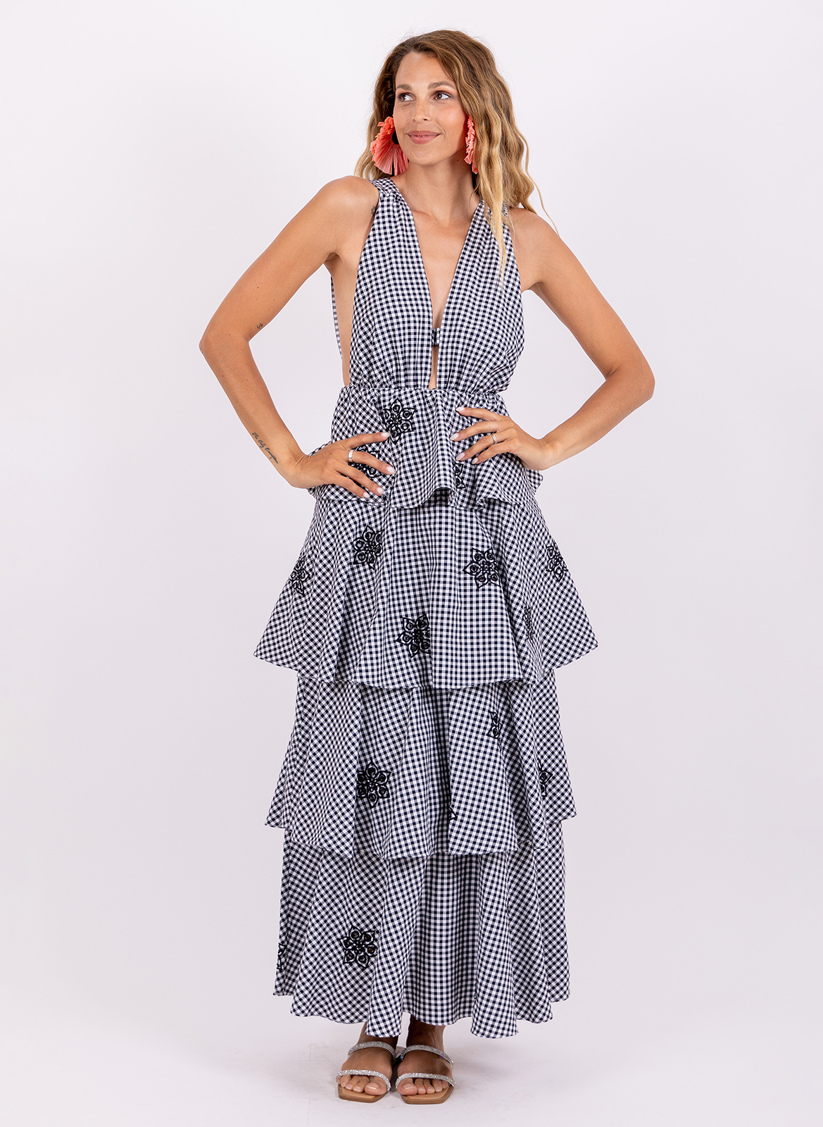 Robe longue vichy à volants SUNDRESS Noir