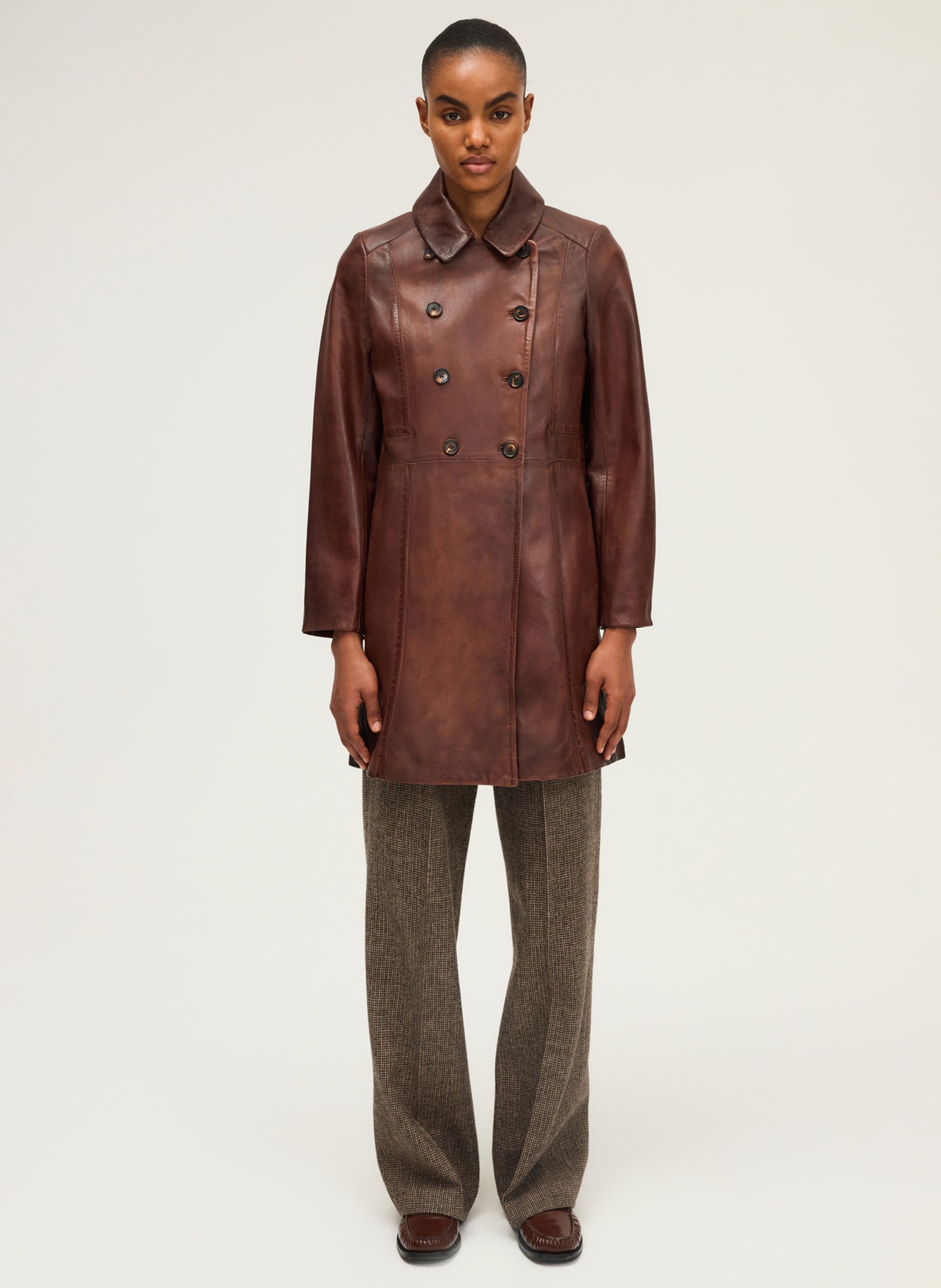 Mid-length aged leather coat PABLO Brown