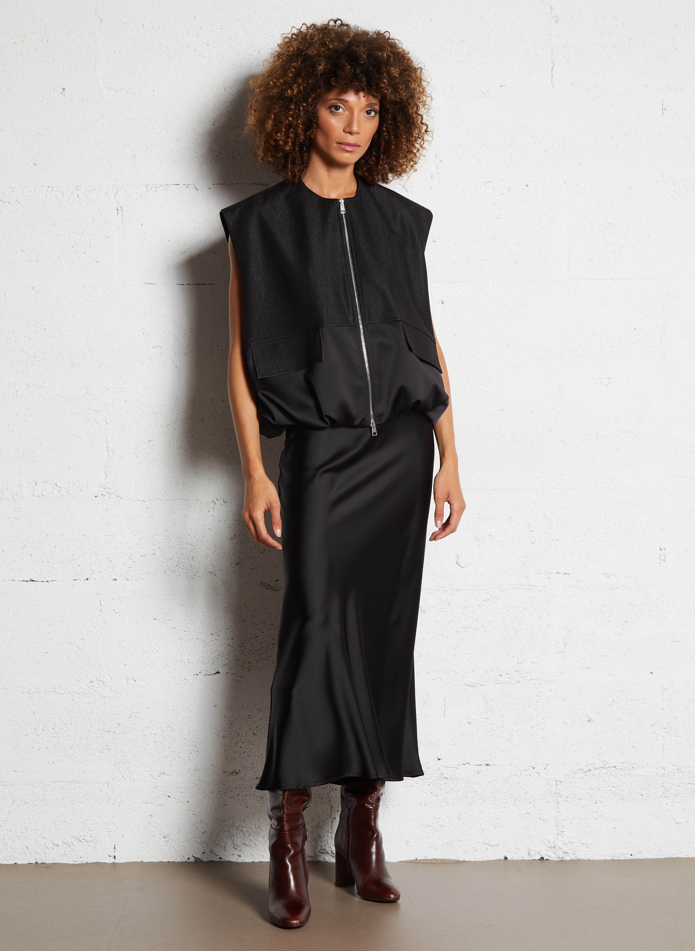 Flowy long satin skirt IMPERIAL Black