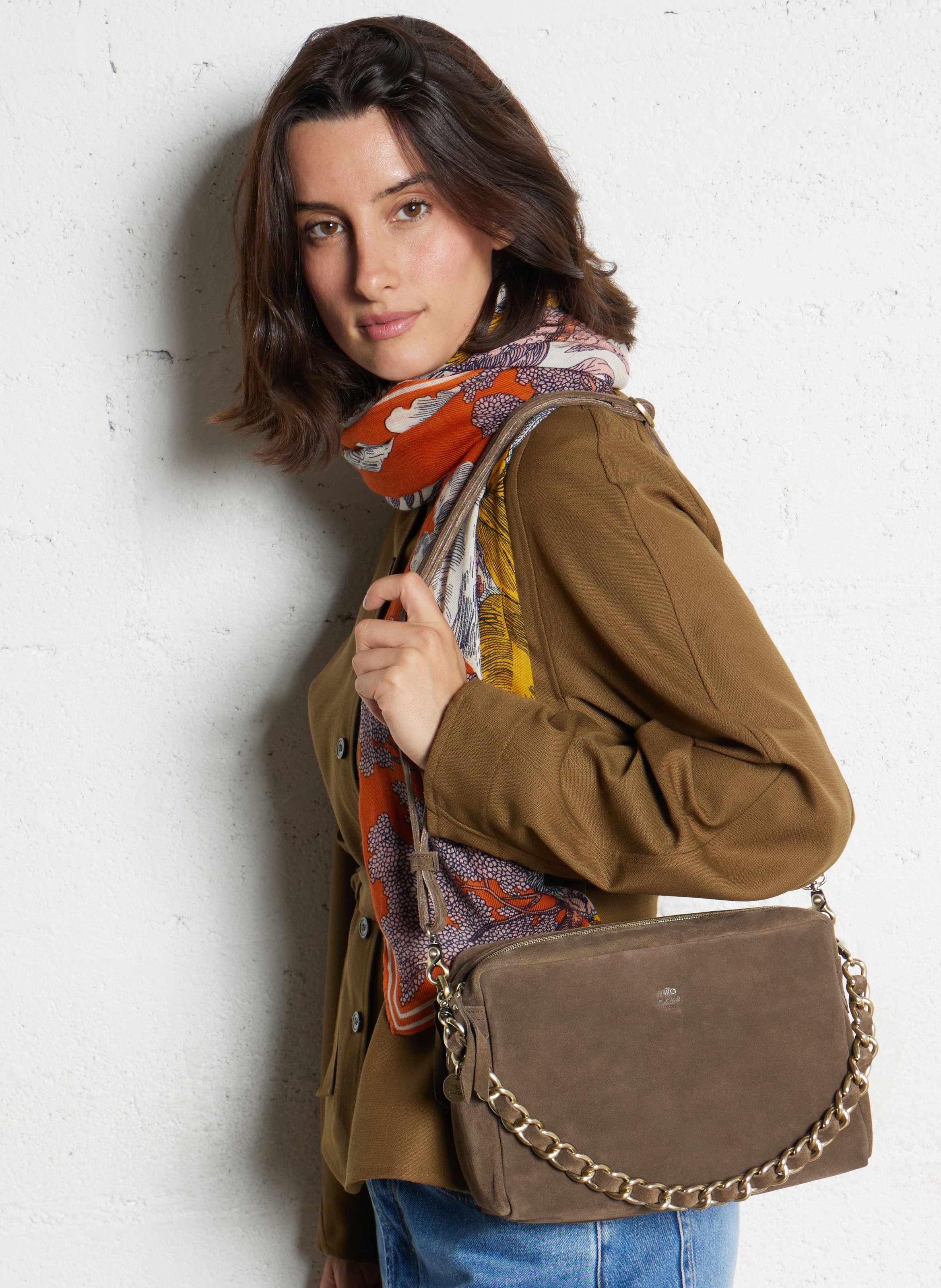 Handtasche aus Veloursleder MILA LOUISE Khaki