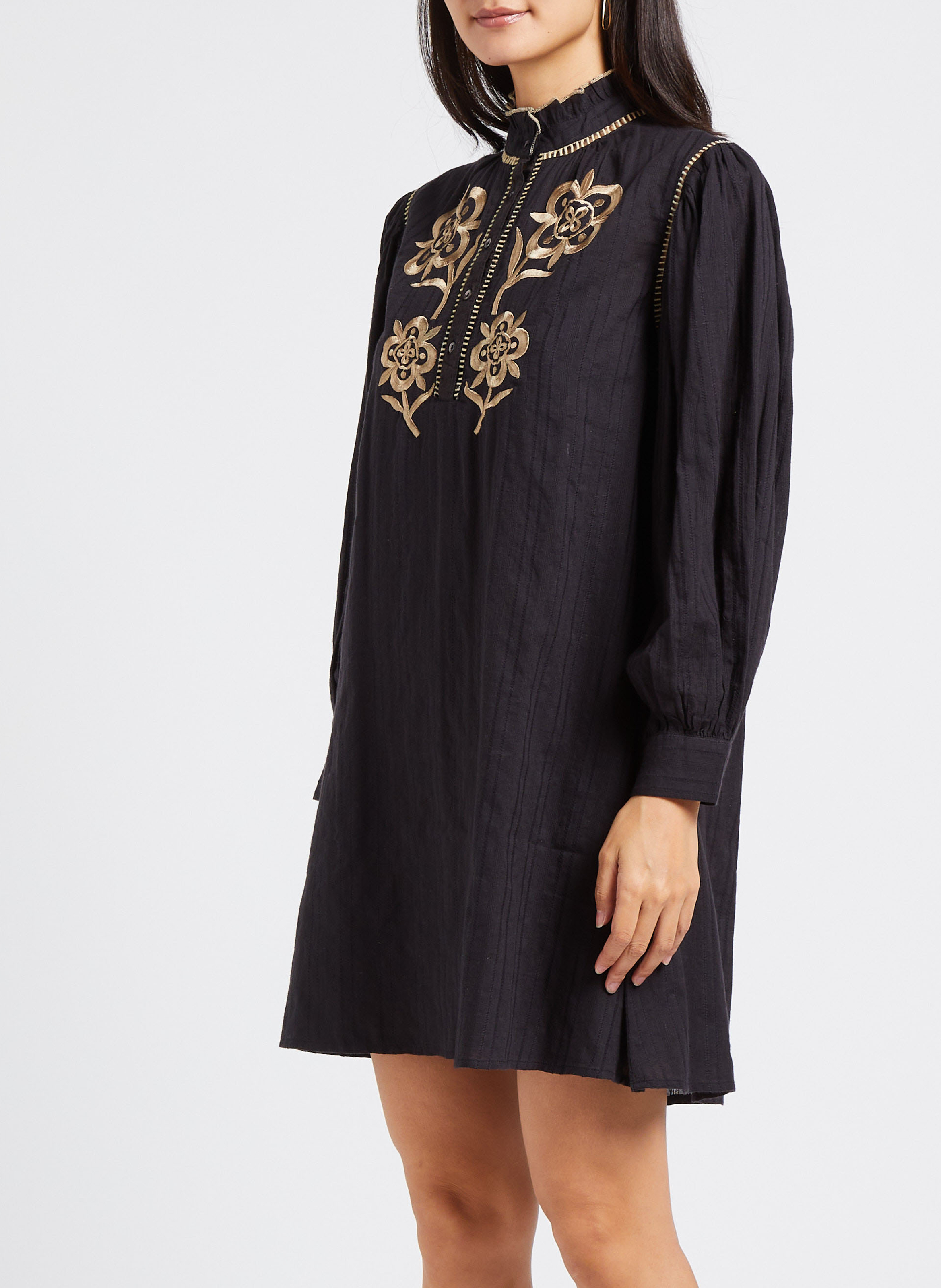 Ausgestelltes Kurzkleid mit Stehkragen aus Baumwolle ANTIK BATIK Schwarz