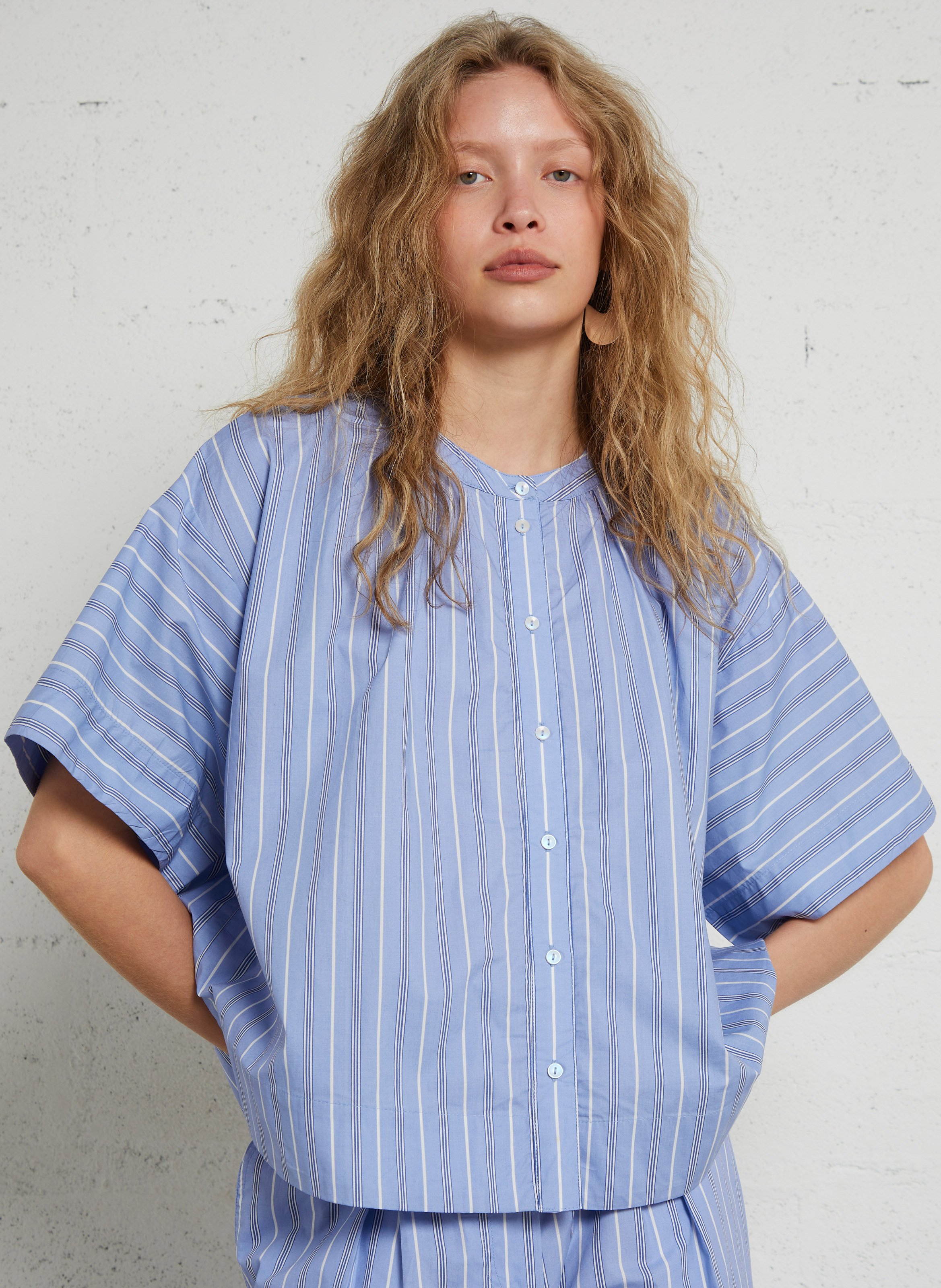 Loose striped cotton Mao collar shirt LOUISE MISHA Blue