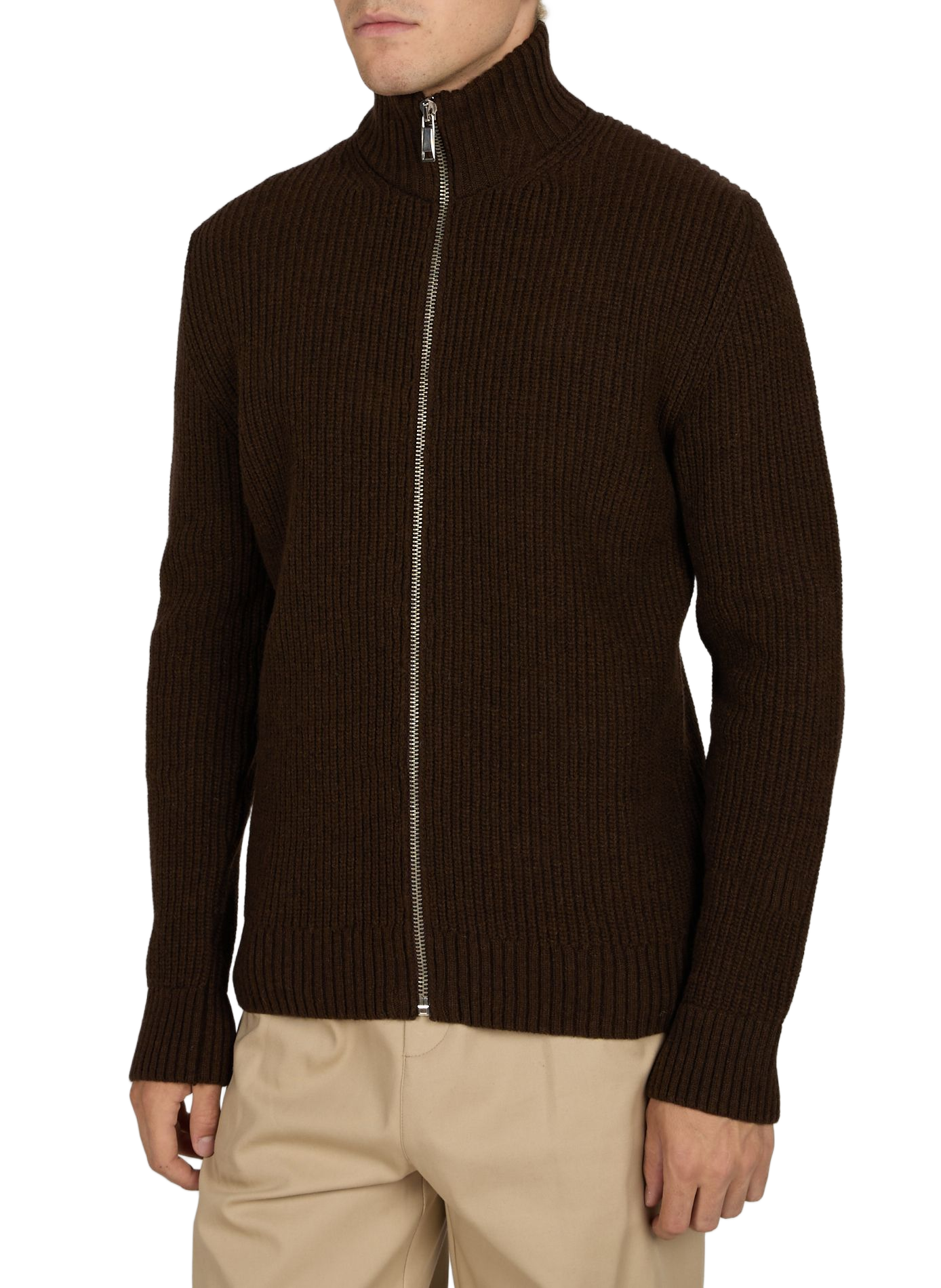 Wool blend high-neck gefil knit cardigan. AU PRINTEMPS PARIS Brown