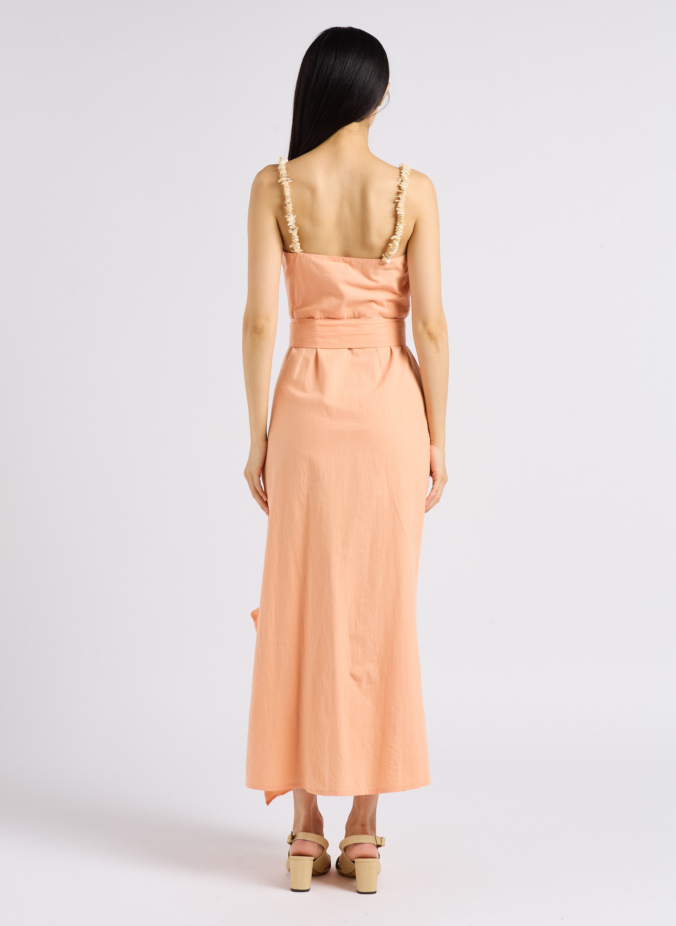 Long flounced dress with belt and seashells SUNDRESS Beige