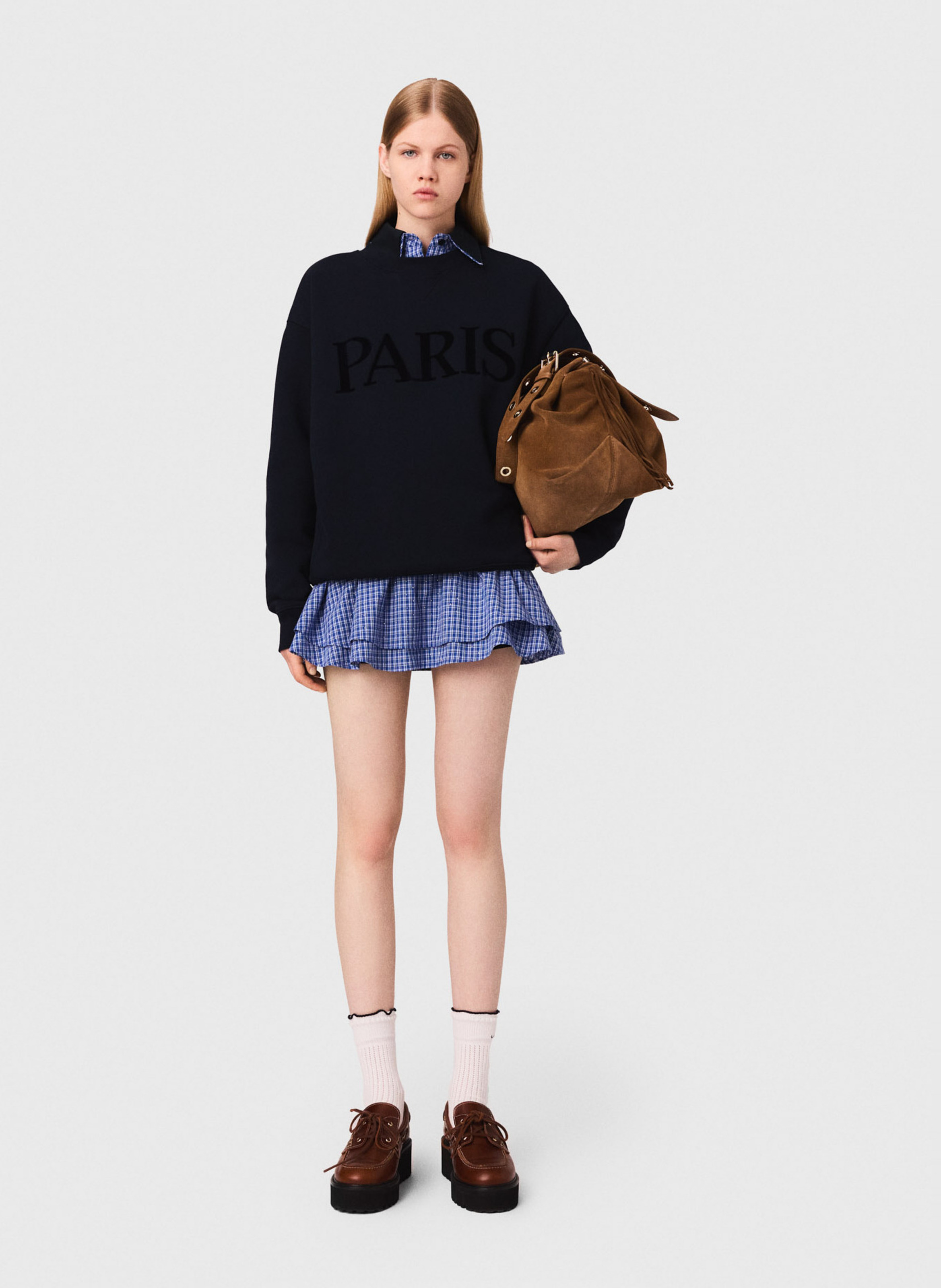 Sweat droit col rond en coton brodé MAJE Bleu