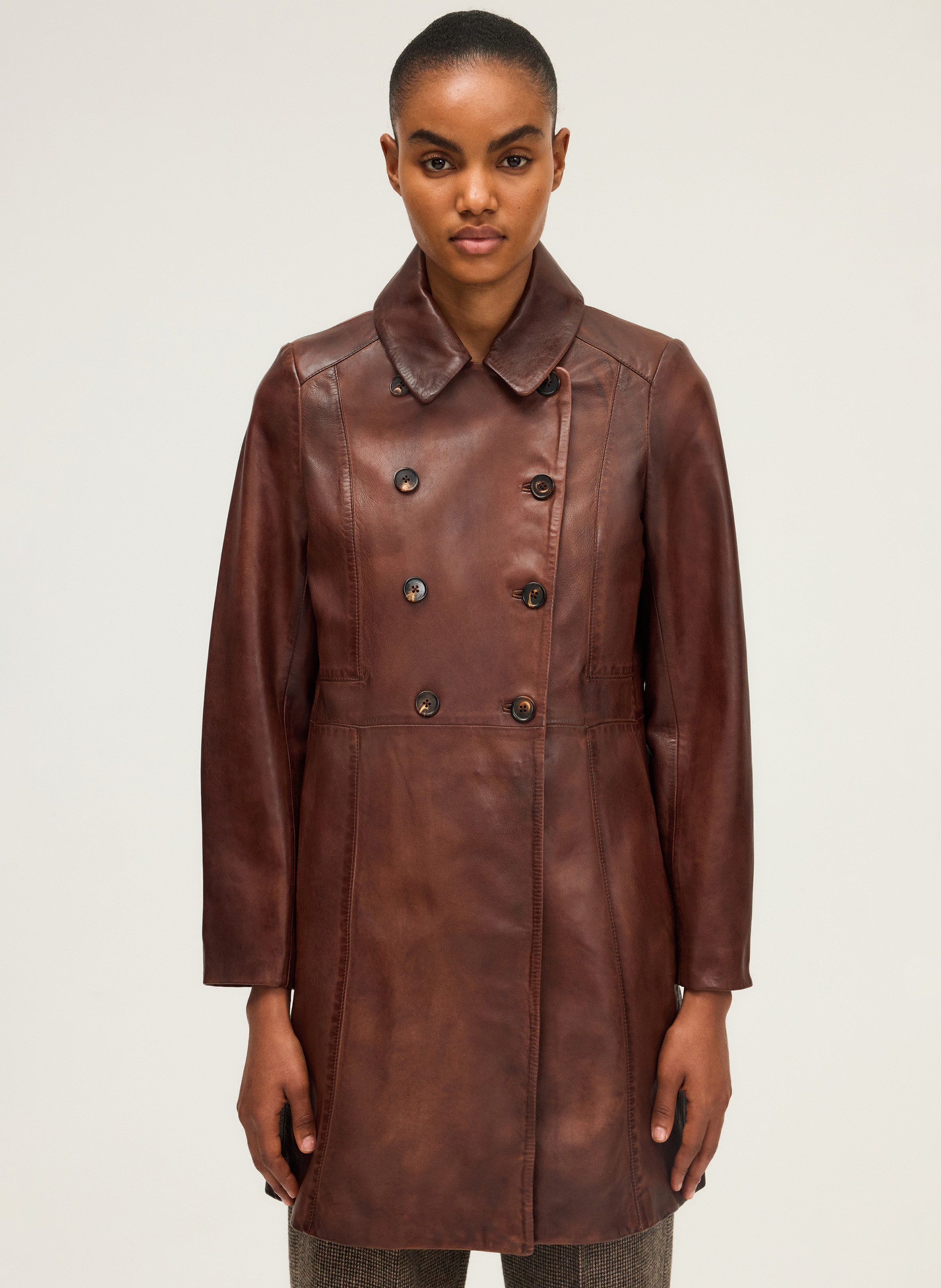 Mid-length aged leather coat PABLO Brown