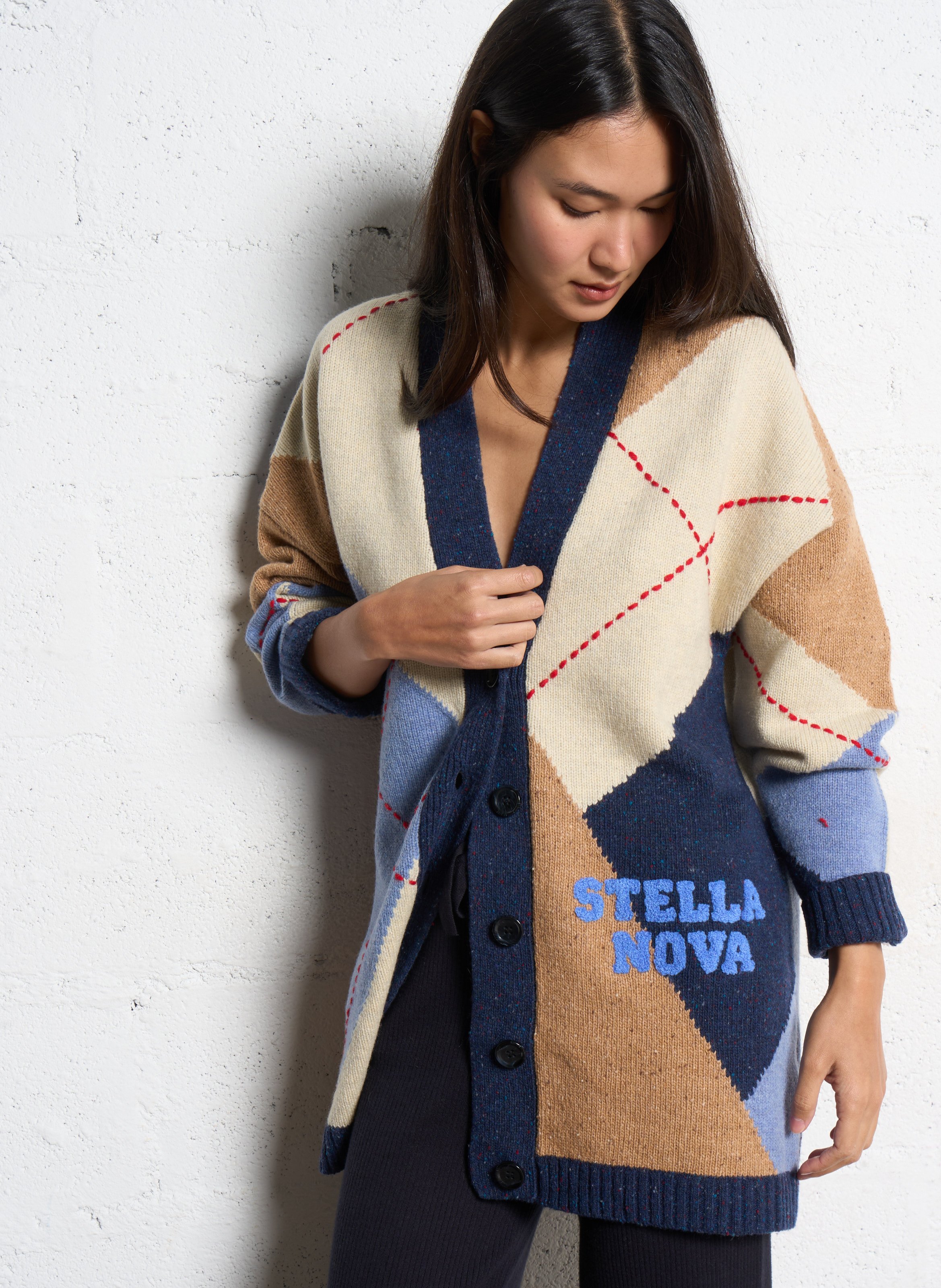 Gilet col V en laine mélangée STELLA NOVA Bleu