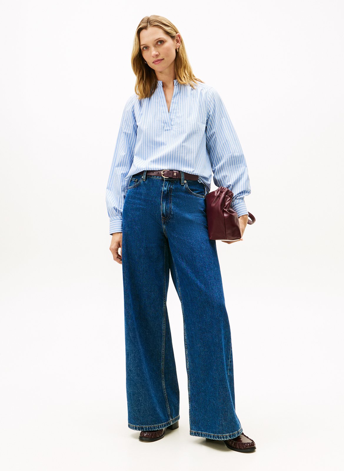 Gerade Bluse mit Tunesischem Kragen aus Bio-Baumwolle. TOMMY HILFIGER Blau