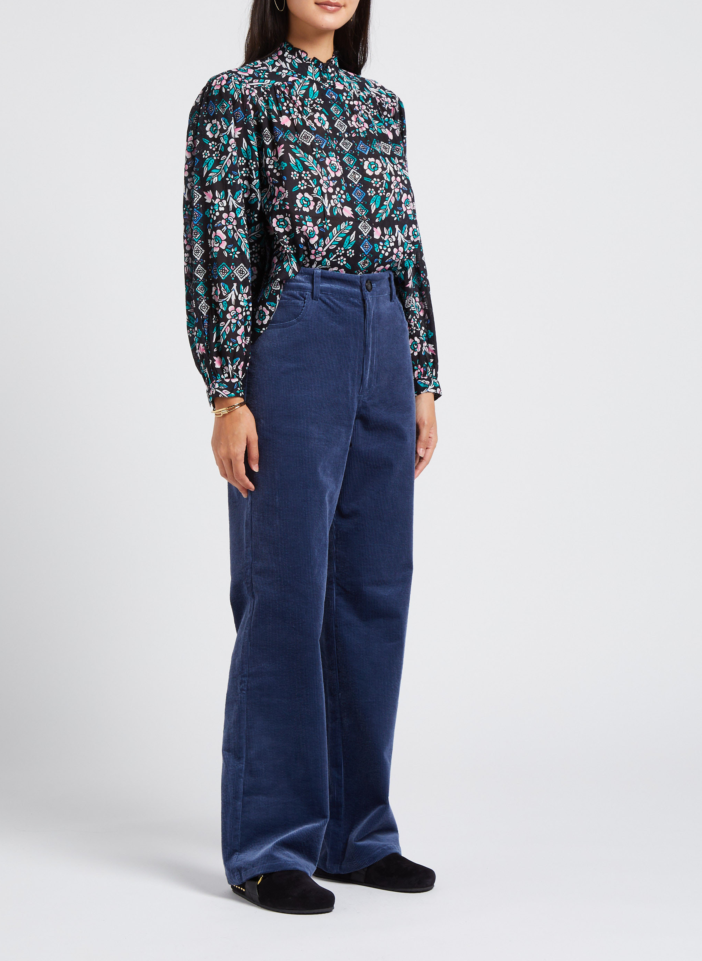 Pantalon droit taille haute en coton mélangé ANTIK BATIK Bleu