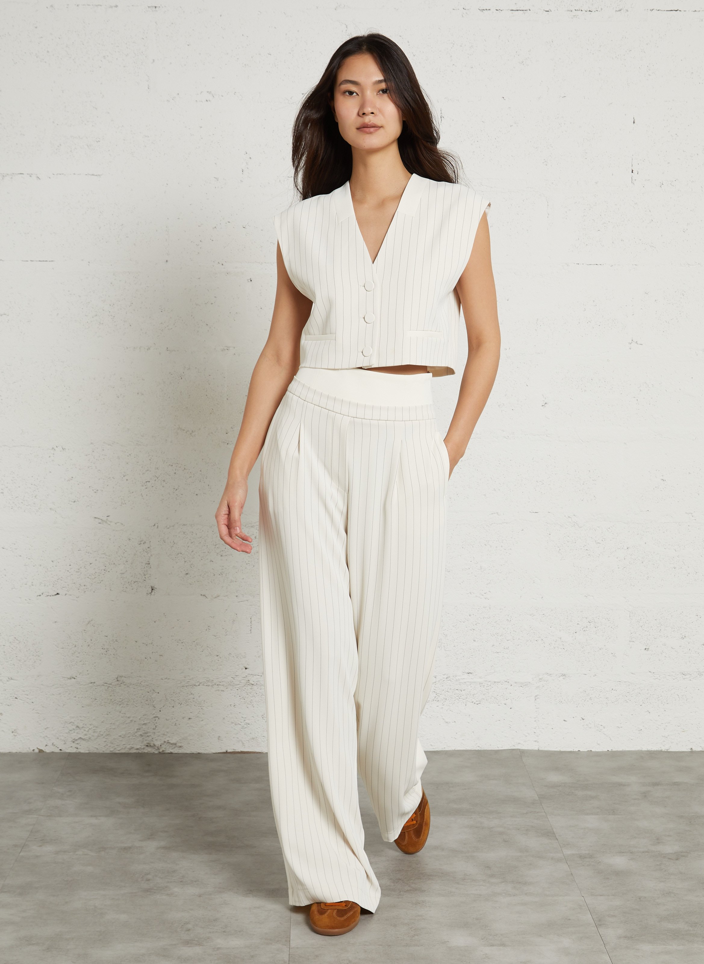 Short Striped Sleeveless Tailored Vest IMPERIAL Beige