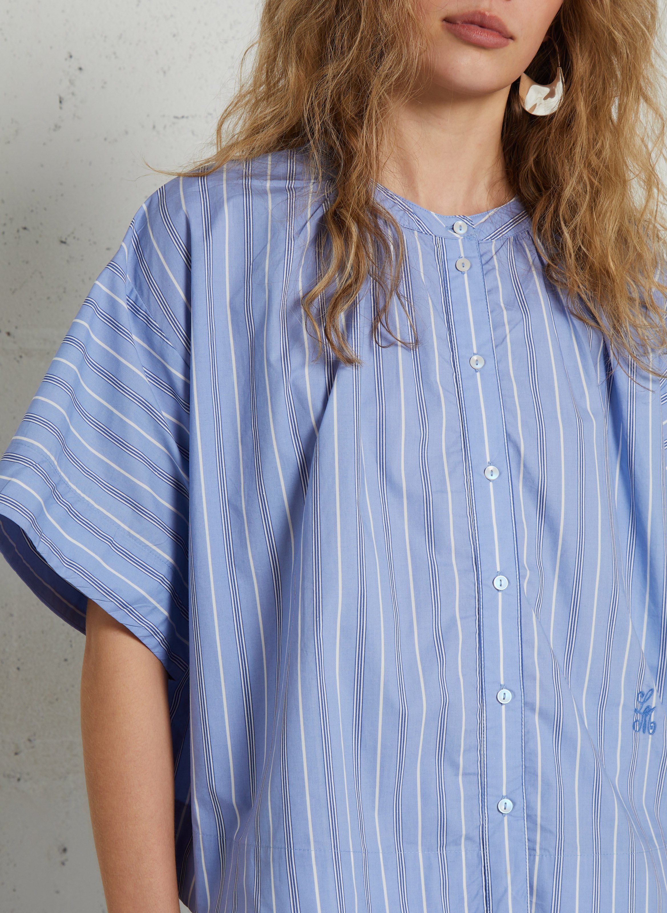 Loose striped cotton Mao collar shirt LOUISE MISHA Blue