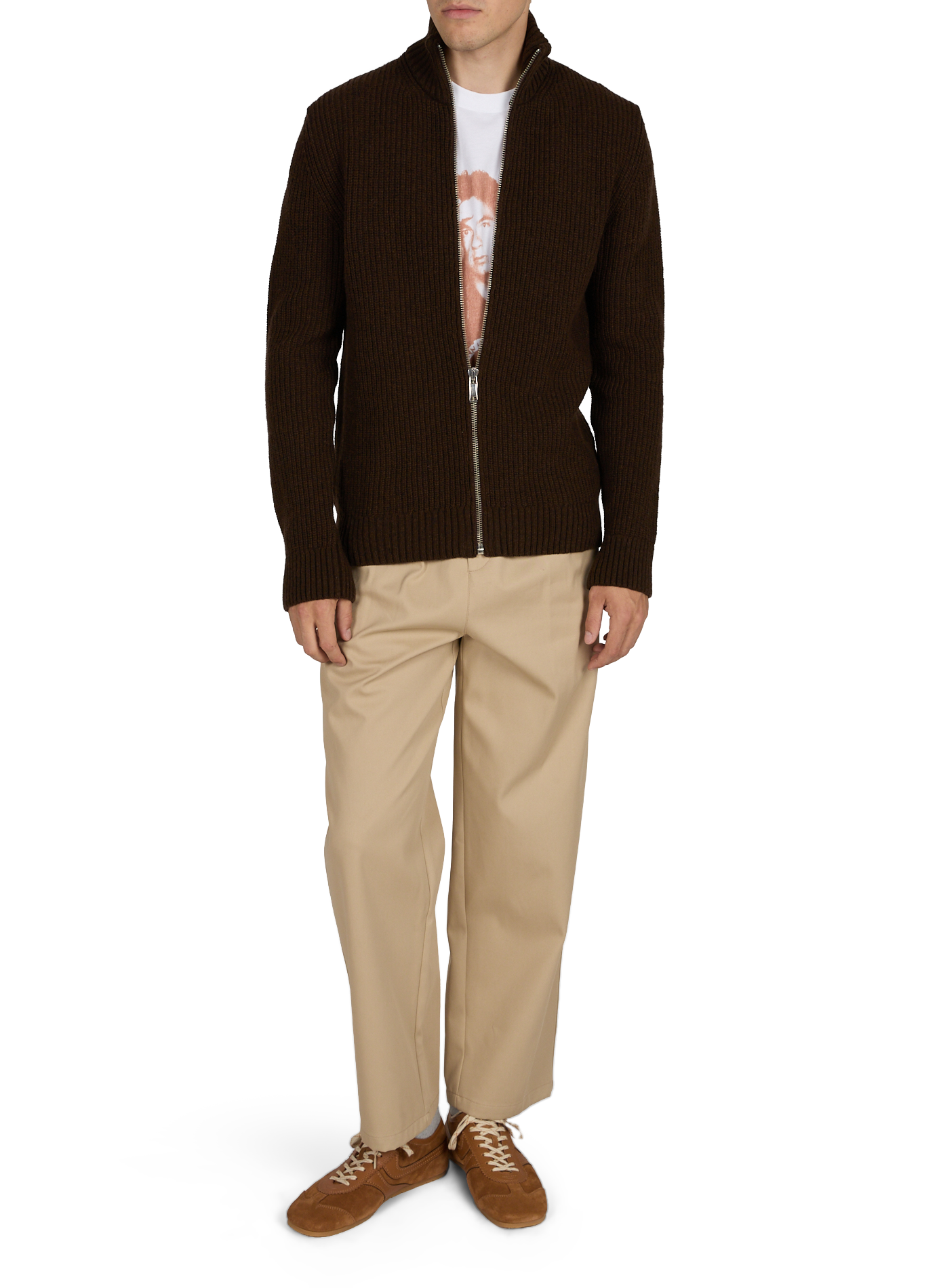 Wool blend high-neck gefil knit cardigan. AU PRINTEMPS PARIS Brown