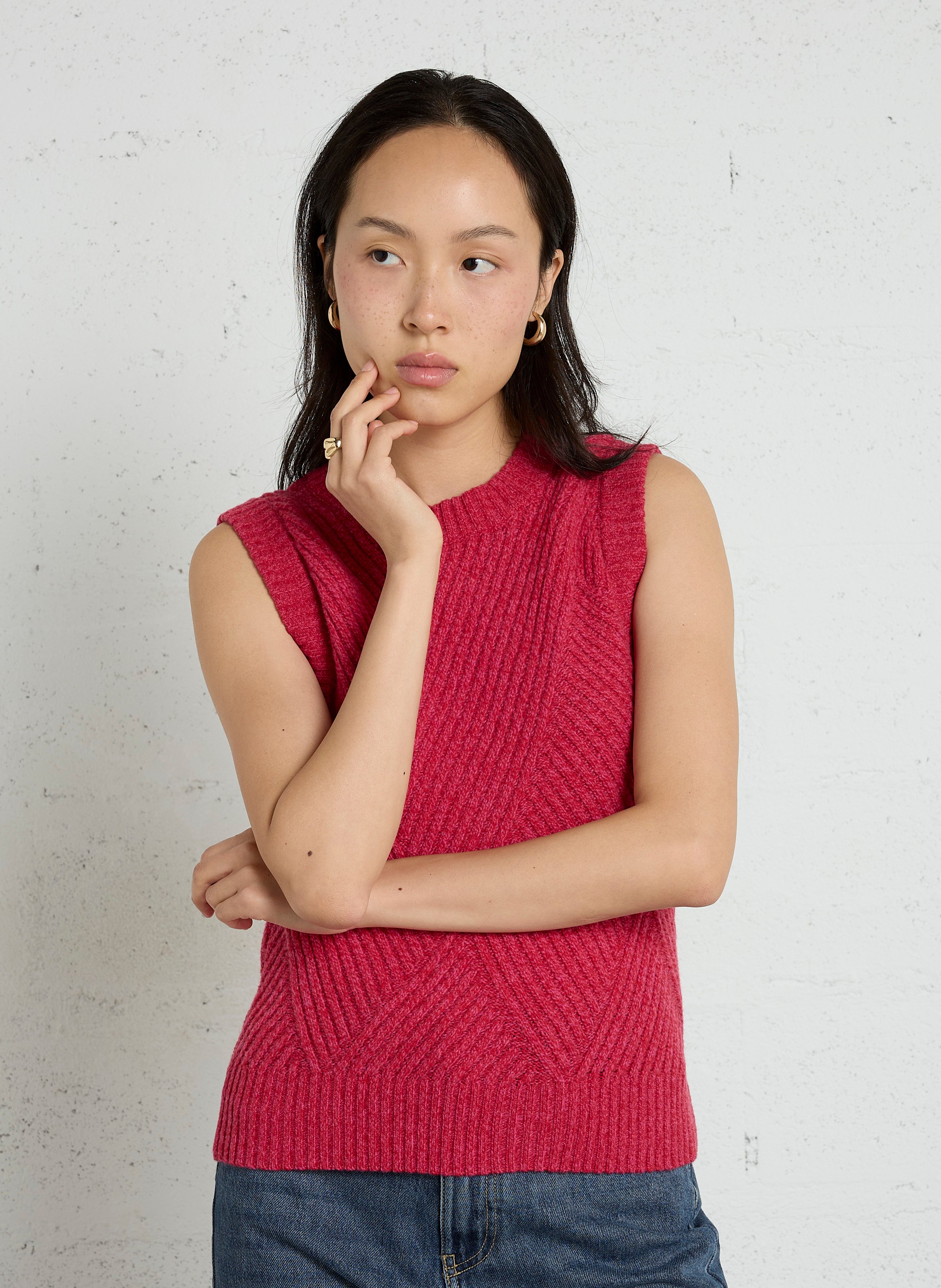 Gerade geschnittenes ärmelloses Kleid mit Rundhalsausschnitt aus Wolle THINKING MU Rot