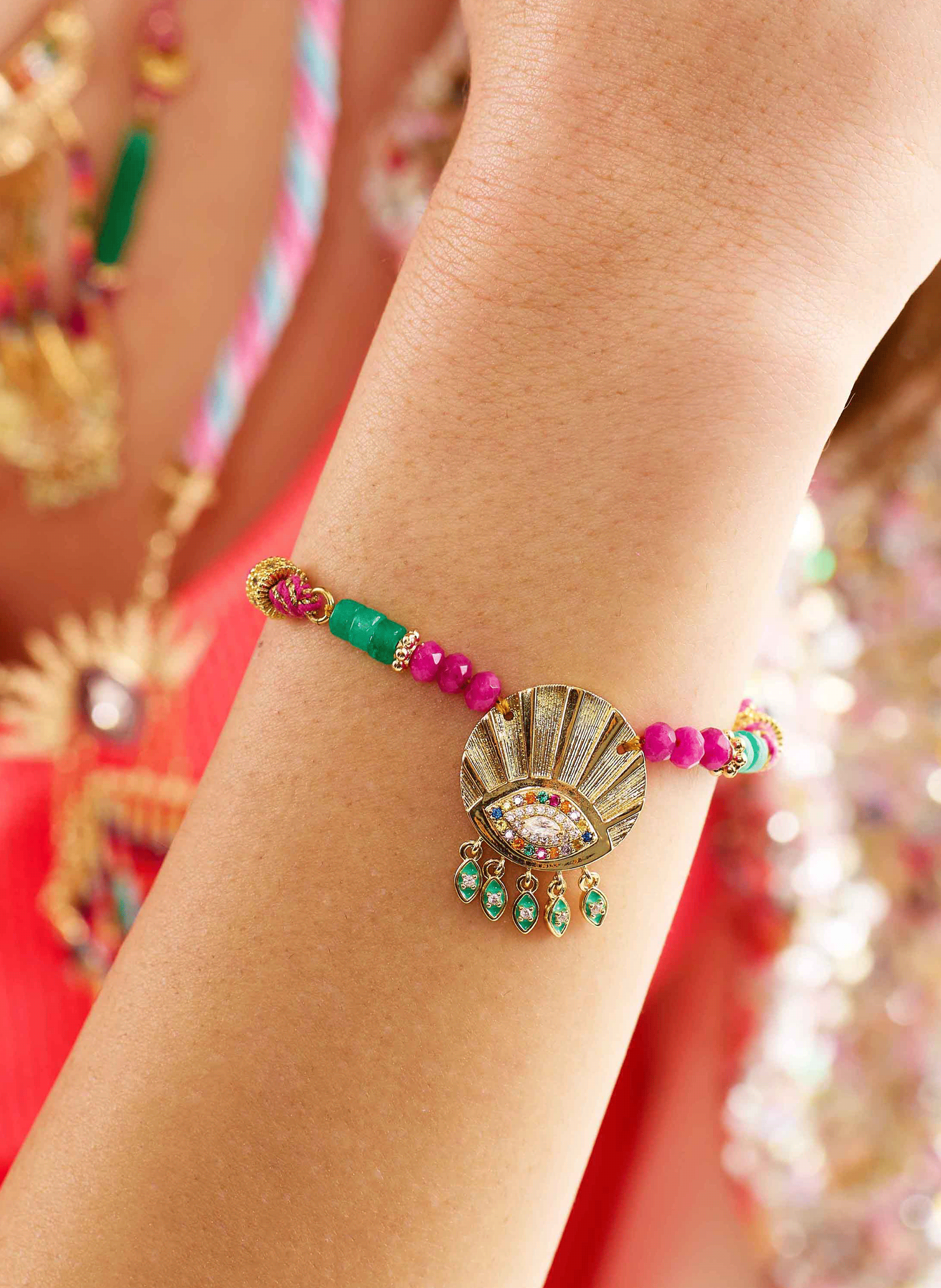 Adjustable cord bracelet with beads and charm HIPANEMA Green