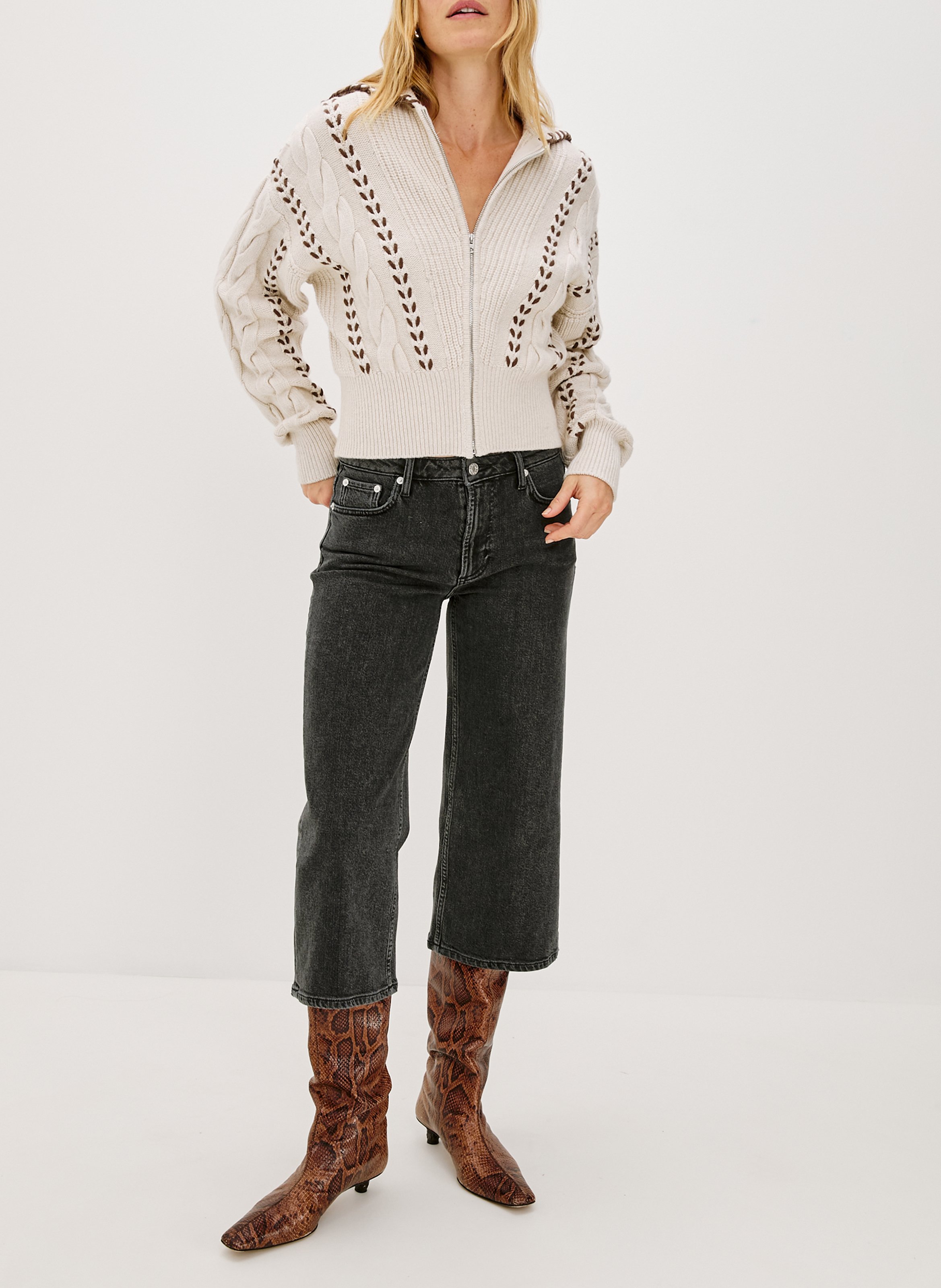 Gilet court zippé en maille tressée RAILS Beige