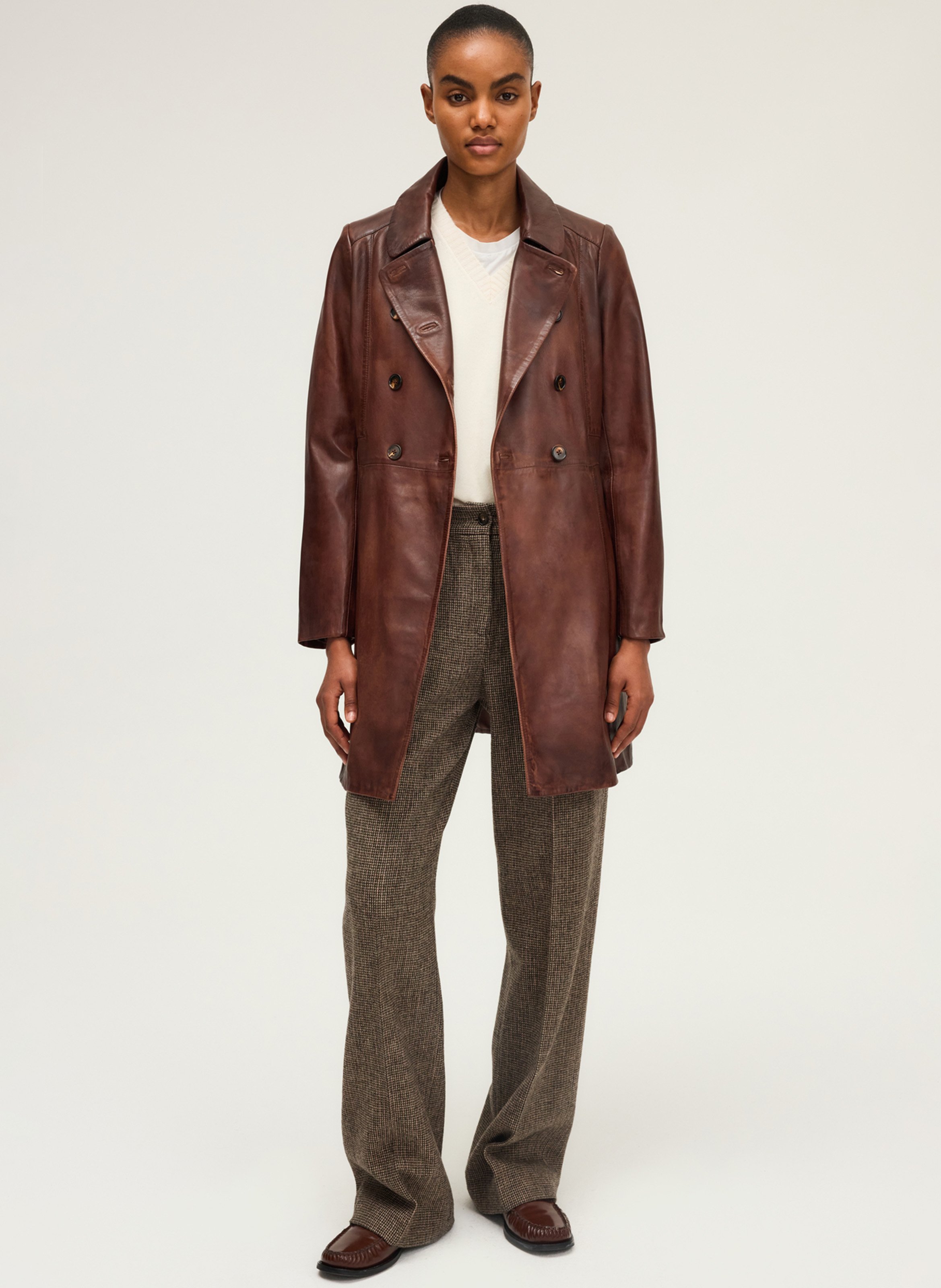 Mid-length aged leather coat PABLO Brown