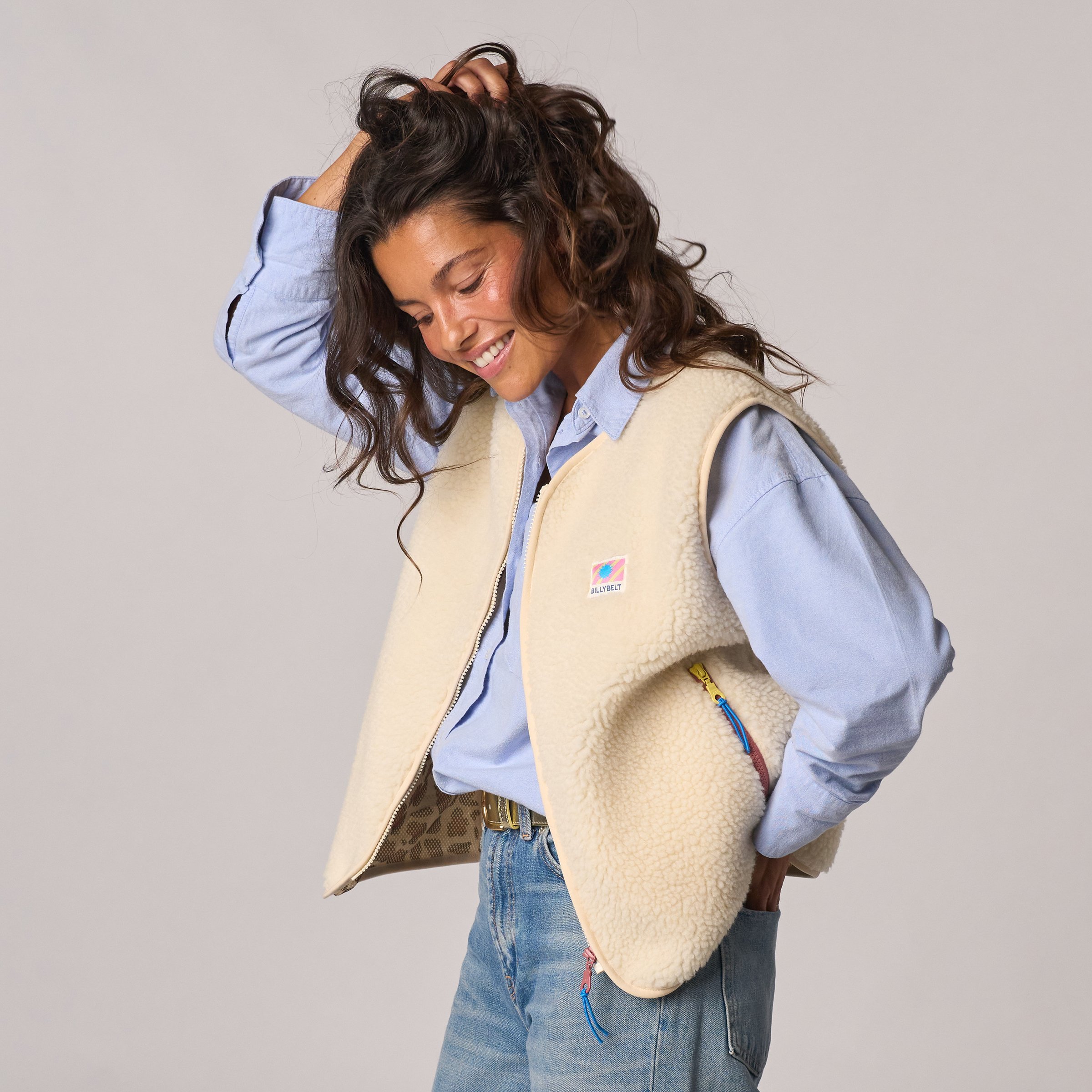 Sleeveless Sherpa Zip-Up Vest BILLYBELT Beige