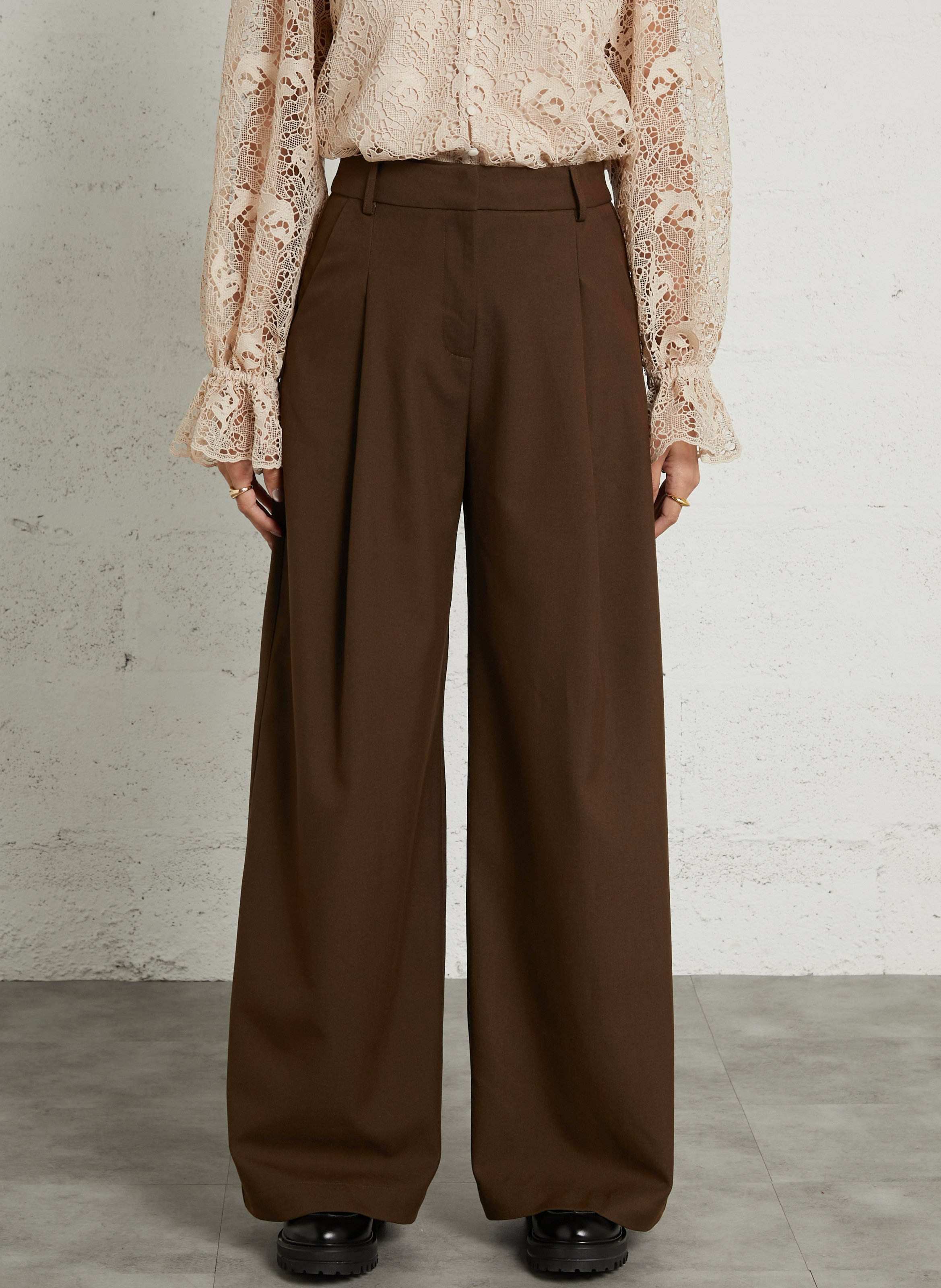 Pantalon large taille haute SUNCOO Marron