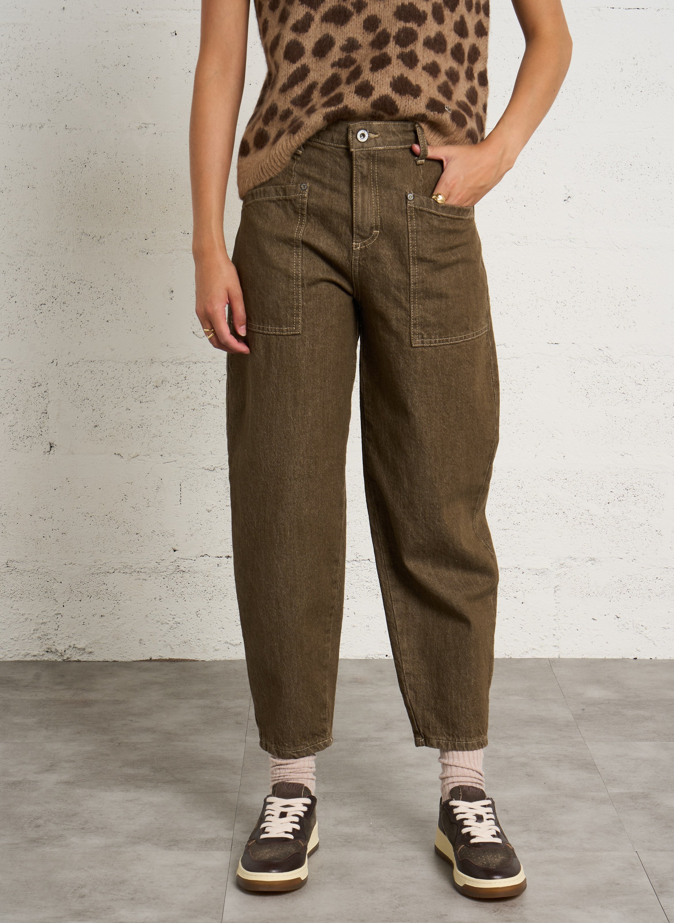 Wide-leg cotton-blend jeans PLEASE Brown