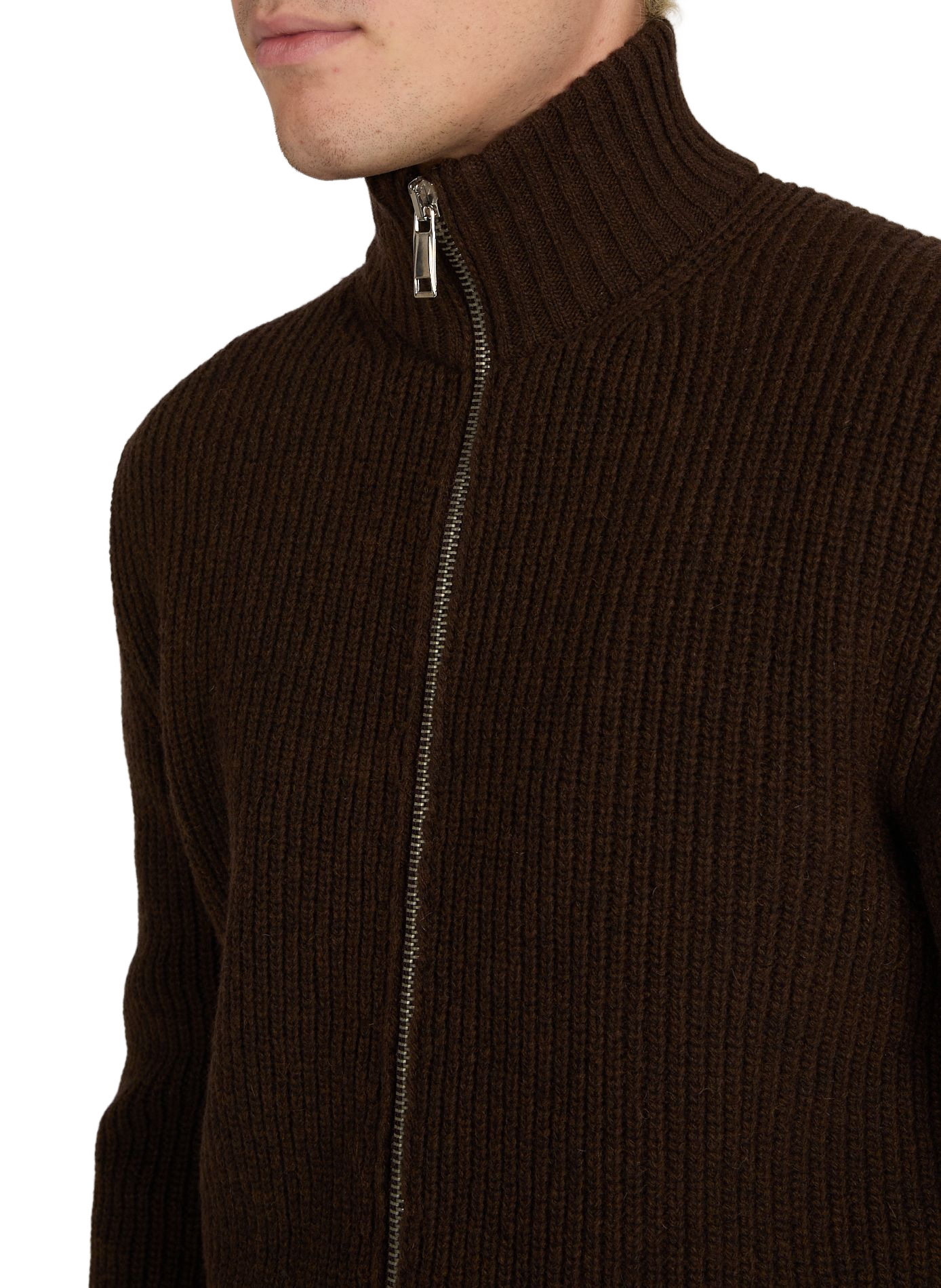 Wool blend high-neck gefil knit cardigan. AU PRINTEMPS PARIS Brown