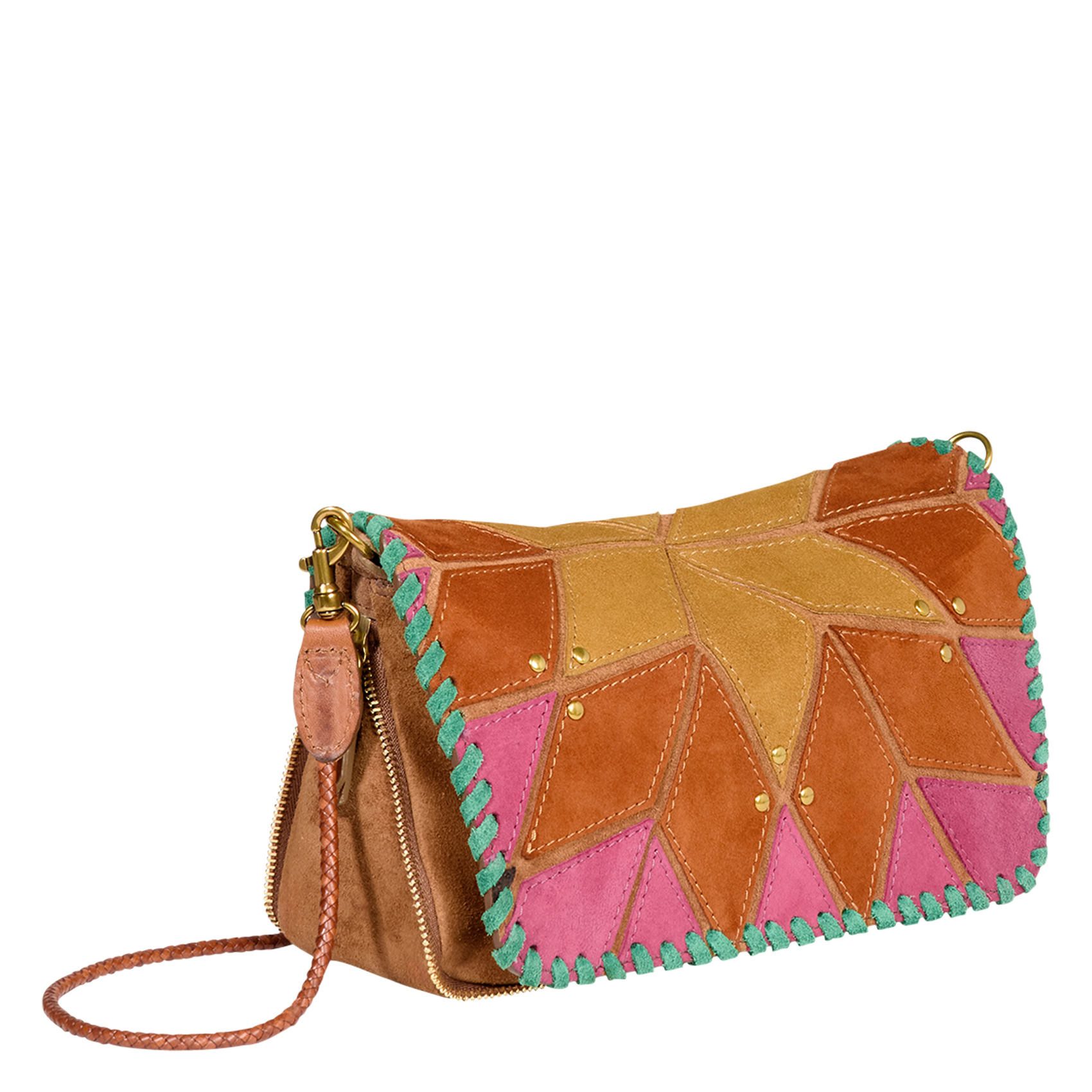 Umhängetasche mit fantasievollem Klappverschluss aus Leder Mehrfarbig