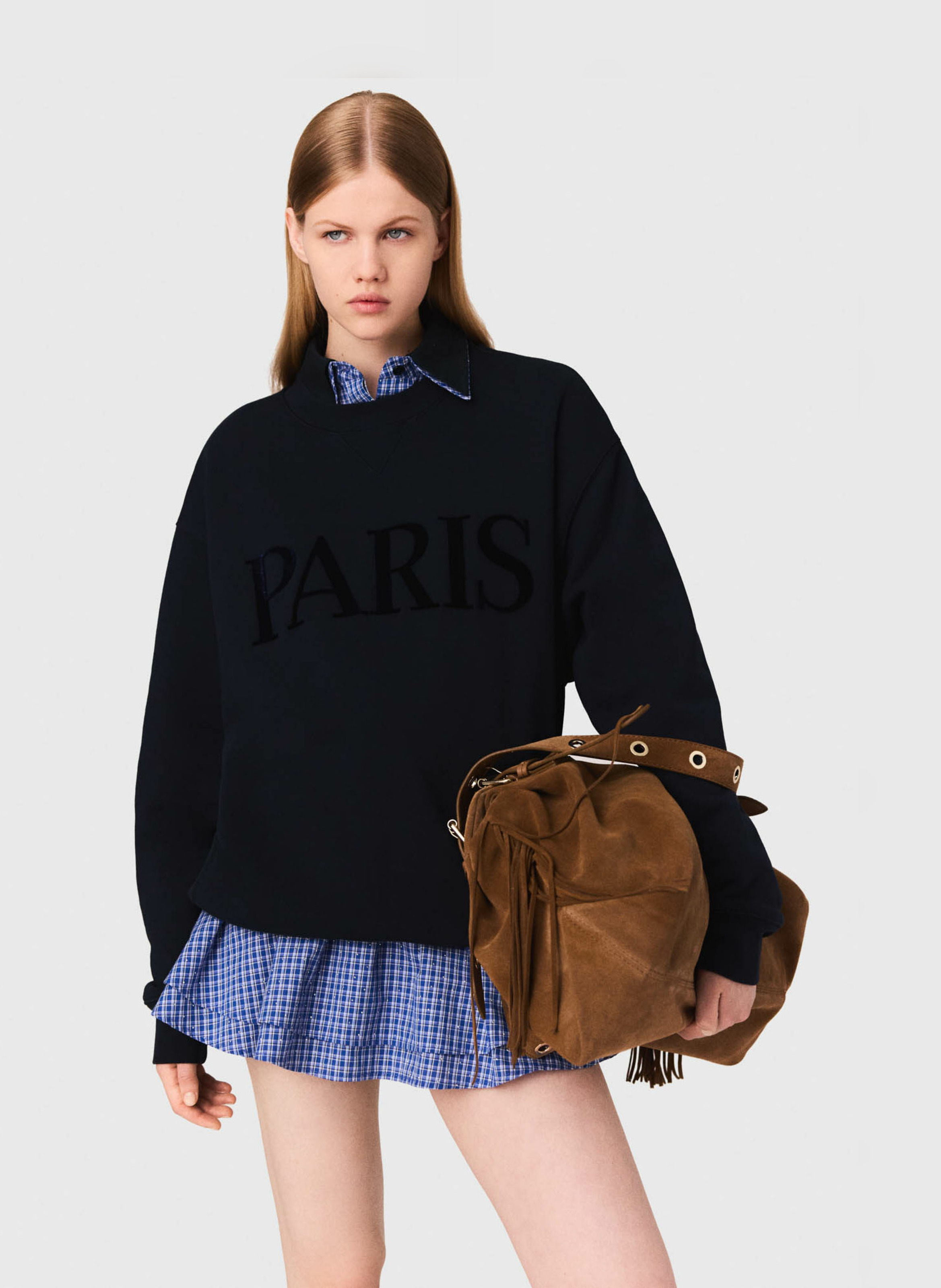 Sweat droit col rond en coton brodé MAJE Bleu