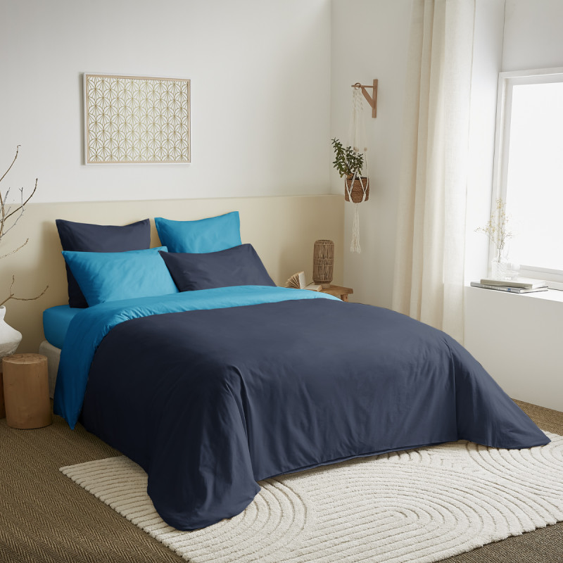 Complete set 6 pieces navy/turquoise reversible duvet cover for bed 140 x 190 cm COTON PUR Blue